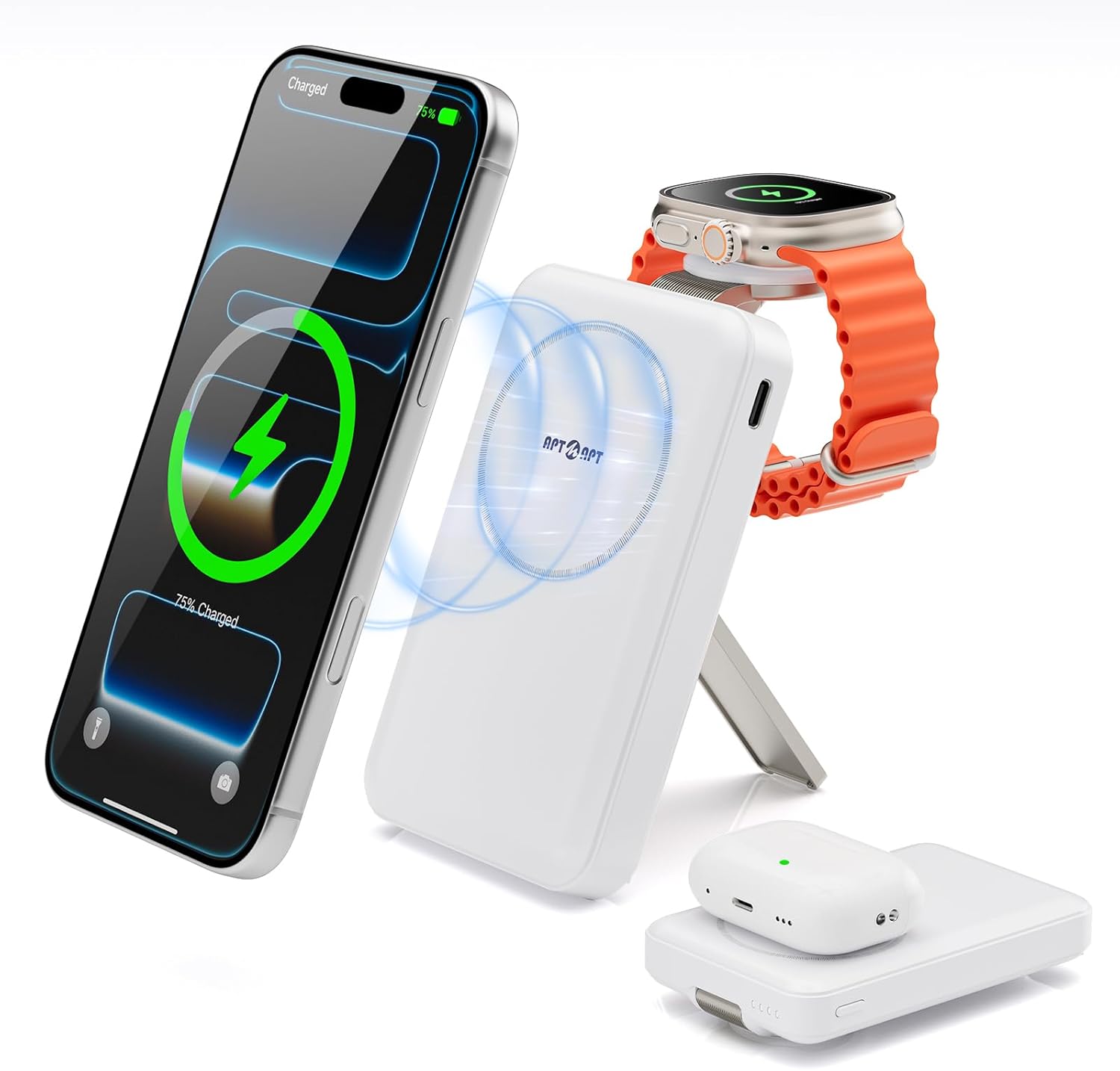 Magnetic Portable Charger,10000mAh MagSafe Power Bank Fast Charging with Stand,3 in 1 Travel Essential Wireless Charger Station for iPhone 17/16/15/14/13/12,Apple Watch,Airpods,White