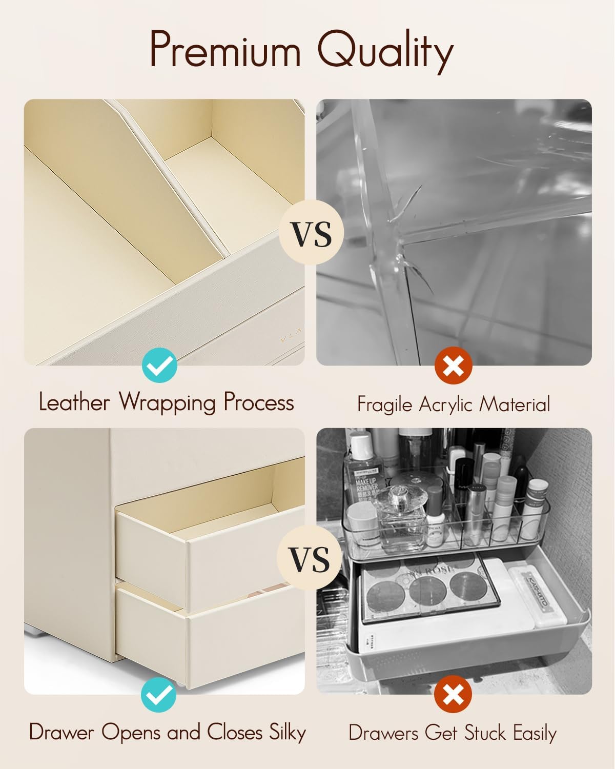 VLANDO Makeup Organizer for Vanity,Large Capacity Countertop Organizer with Drawers, PU Leather Cosmetic Display Case for Lipstick,Brushes,Skincare,Bedroom Storage (Beige) - Image 6