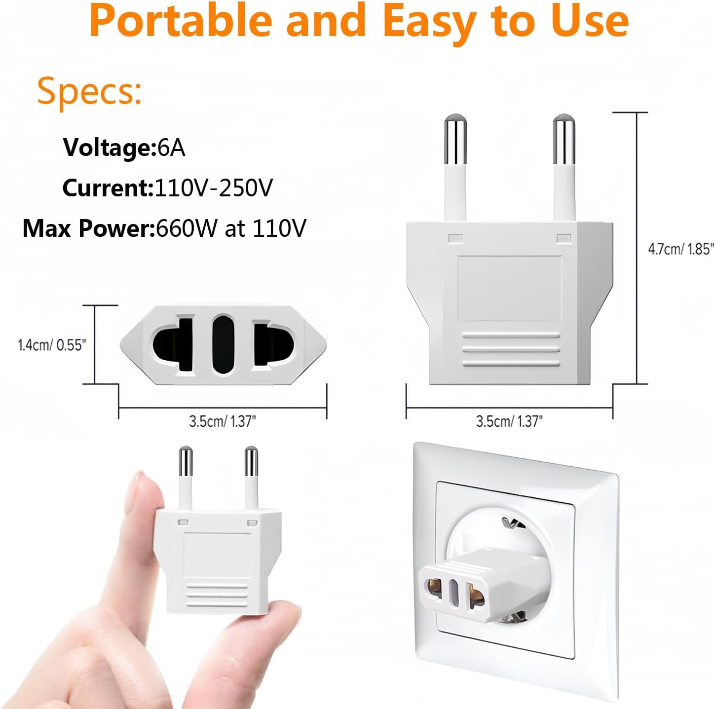 US to Europe Plug Adapter - European Travel Plug Adapter,Type C Wall Plug Power Converter for Europe,White,8 Pack - Image 2