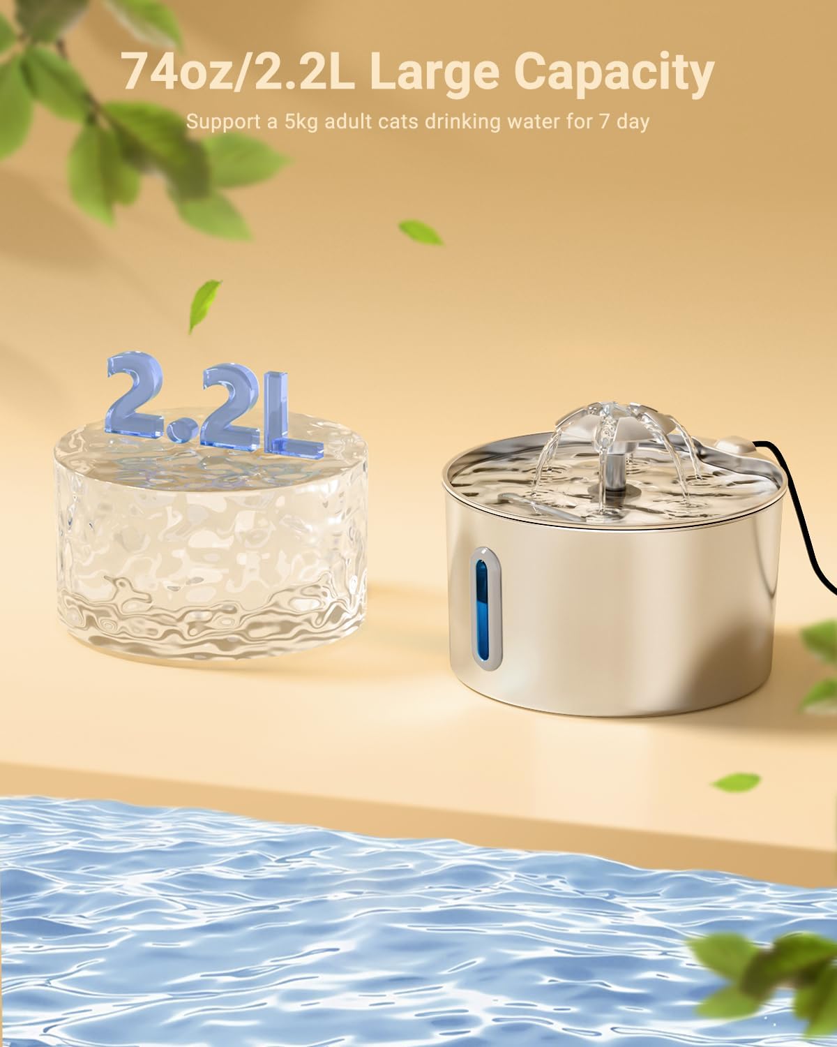 Cat Water Fountain Stainless Steel - 74oz/2.2L Pet Gift Dog Water Dispenser Automatic Silent Cats Dispenser for Drinking Indoor Metal Kitty Spout Fountains with 3 Filters & 3 Sponges Cat Dogs Gifts - Image 2