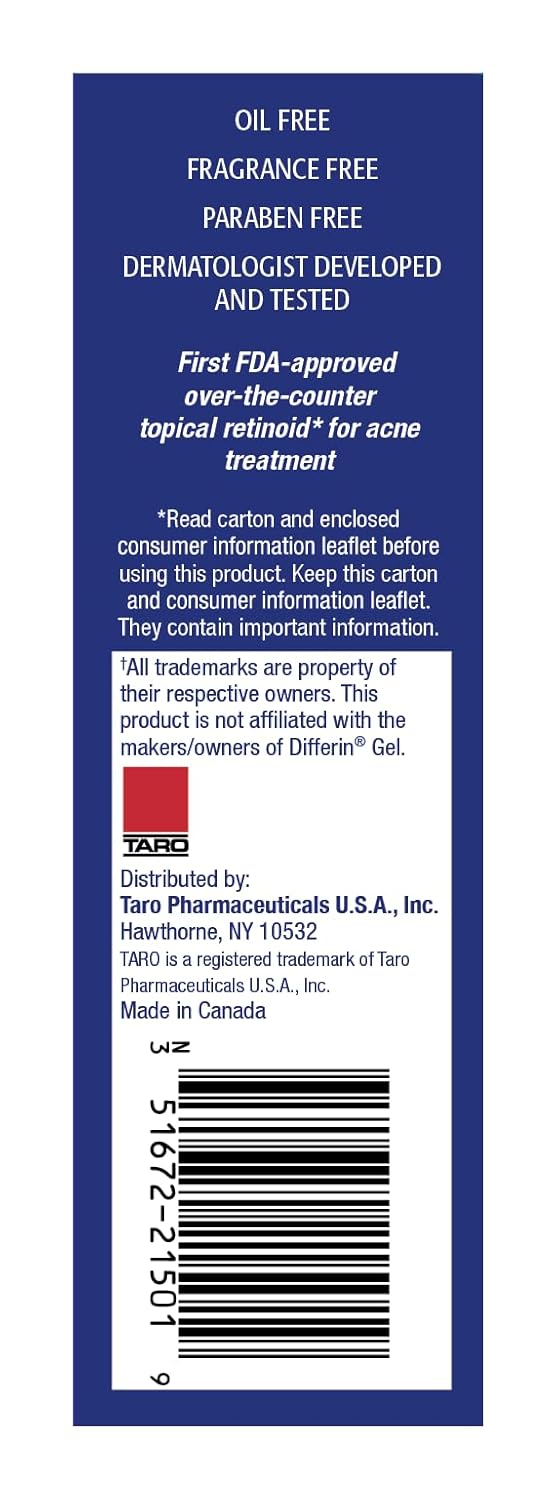 TARO Adapalene 0.1% USP Gel, Paraben Free, Retinoid Acne-Prone Facial Treatment for Sensitive Skin, Prescription Strength (0.5 Oz) - Image 4