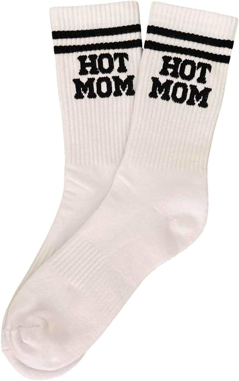 Hot Mom Socks – Funny Cool Mom Crew Socks for Women Size 6-10, Cotton Blend, Retro Striped Athletic Style, New Mom Gifts, Expecting Mom Gifts, Mom Birthday Present