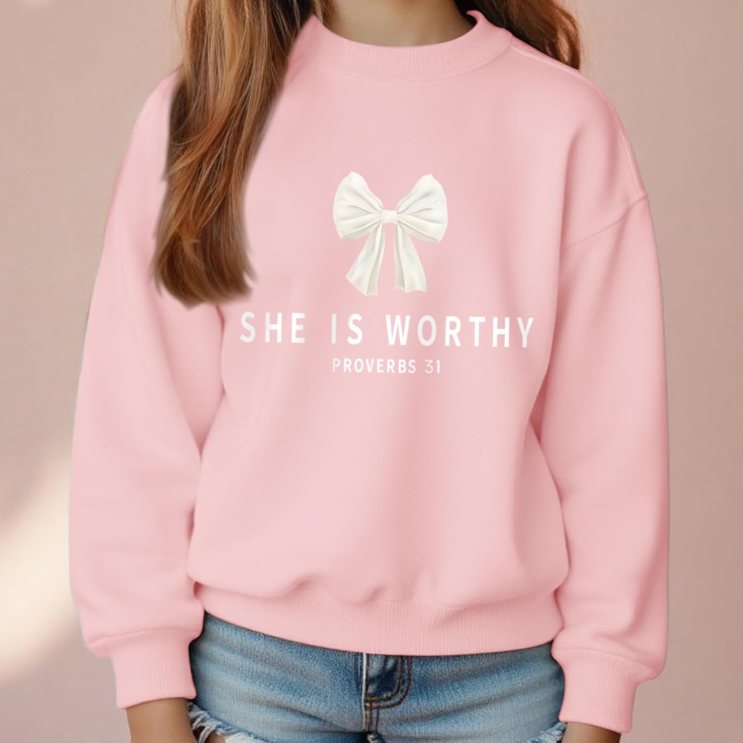 KEEVICI Girls Christian Bow Graphic Sweatshirt Cute Jesus Sweatshirts For Kids Religious Bible Verse Faith Long Sleeve Shirts - Image 2