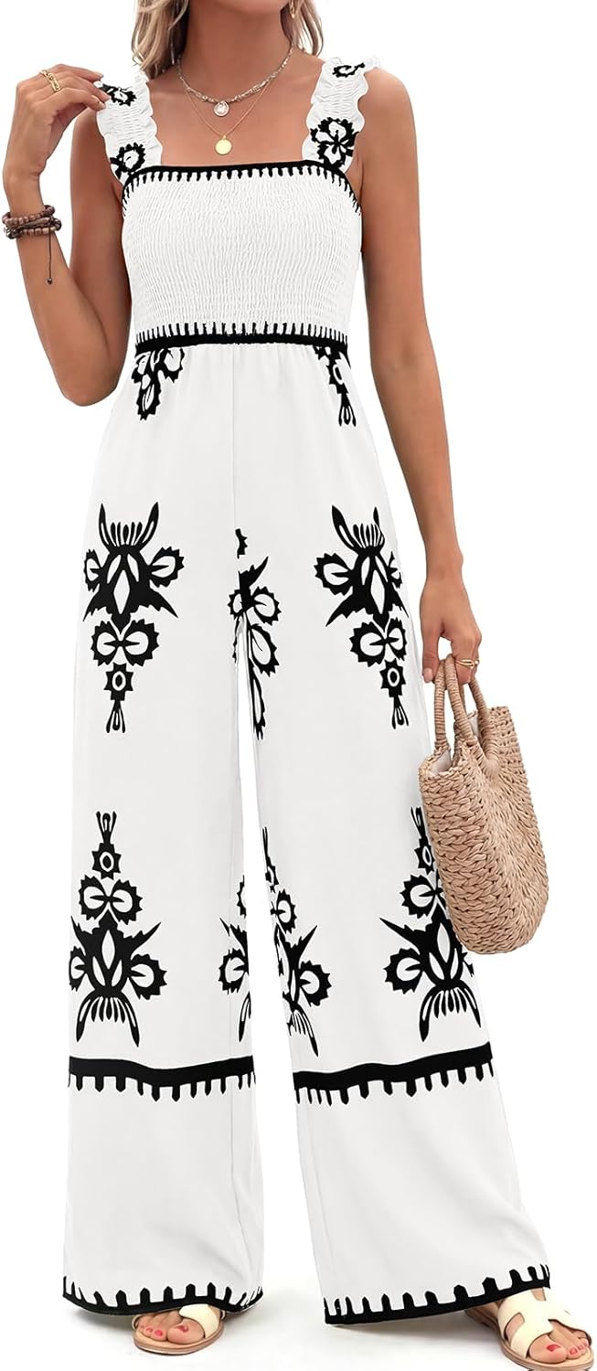 PRETTYGARDEN Womens Jumpsuit Casual One Piece Boho Summer Outfits Shirred Strap Wide Leg Long Pants Rompers With Pockets - Image 3