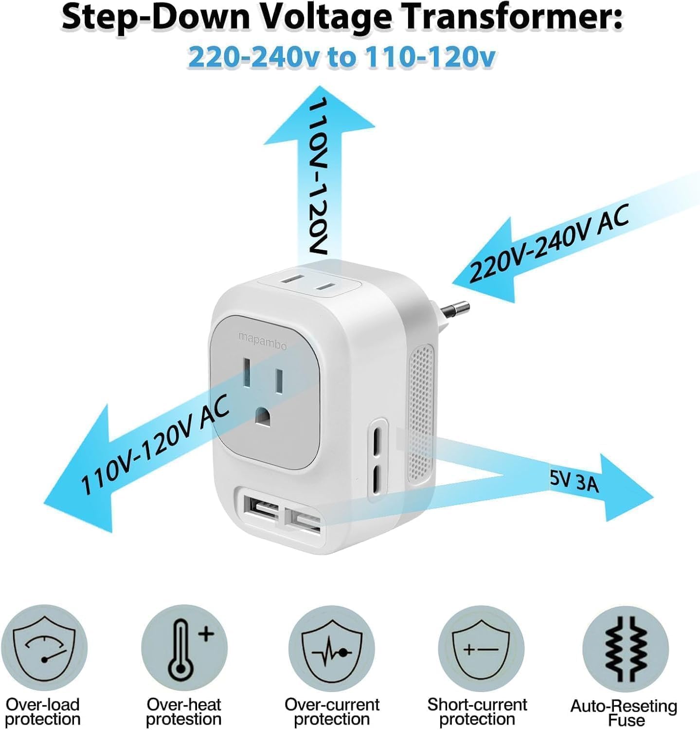 Mapambo Voltage Converter US to Europe Travel: International Universal Travel Adapter with Fast Charging 2 USB-A 2 USB-C Port Worldwide Power Converters Plug Combo for Spain Italy - Image 2