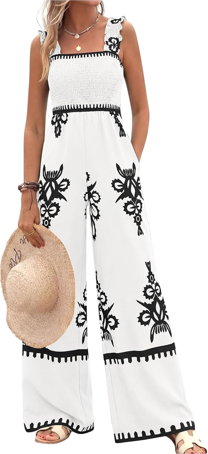 PRETTYGARDEN Womens Jumpsuit Casual One Piece Boho Summer Outfits Shirred Strap Wide Leg Long Pants Rompers With Pockets - Image 5