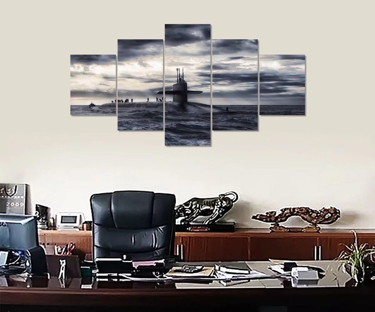Military Submarine and Soldier Wall Art for Living Room Bedroom House Decor Pictures 5 Panel Canvas Print Paintings Framed Ready to Hang Posters and Prints Black and White(60''Wx32''H) - Image 4