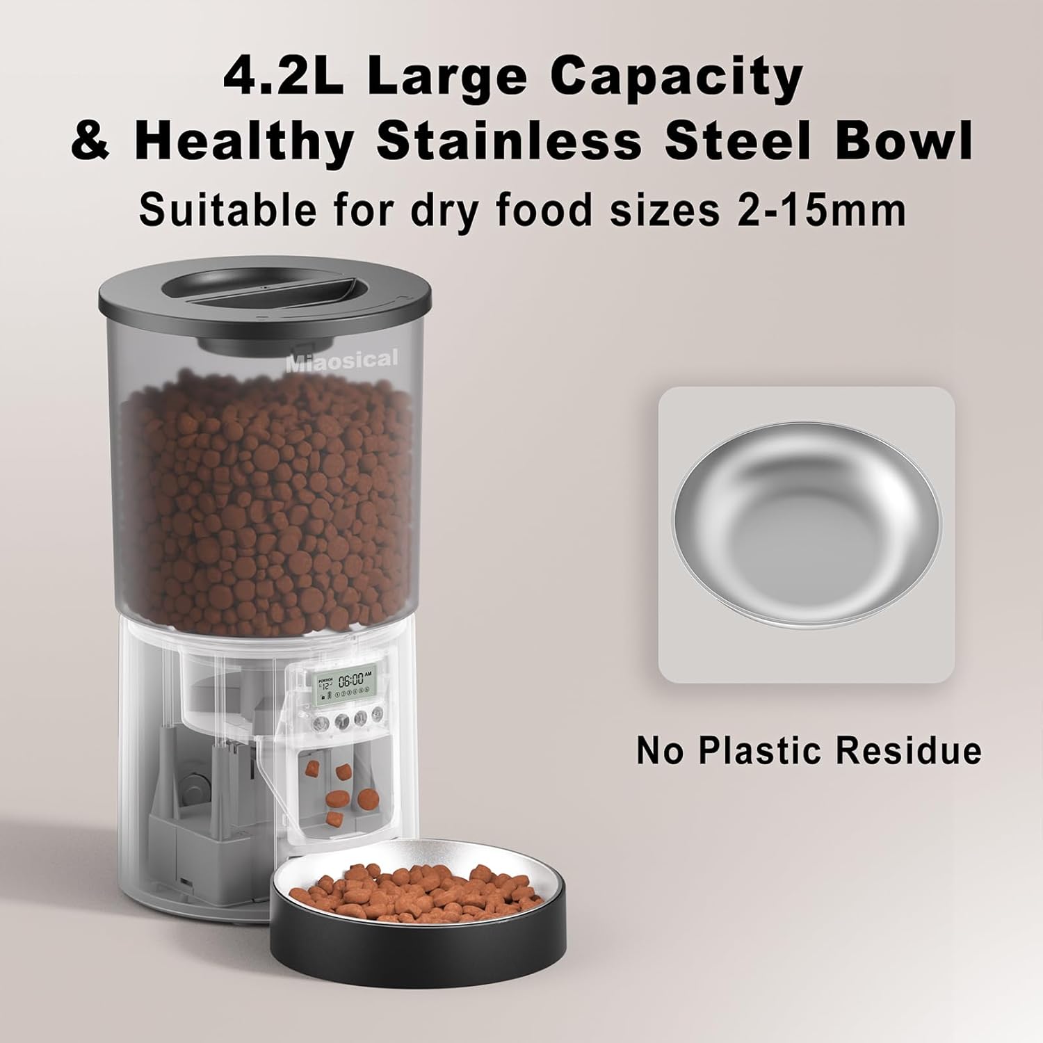 Automated Cat Feeder,Clear 4.2L Dry Food Dispenser with Single Bowl,Programmable Timed Pet Feeder for Up to 6 Daily Meals,10-Second Voice Message & Dual Power Backup (Black, 4.2L Press Version) - Image 5