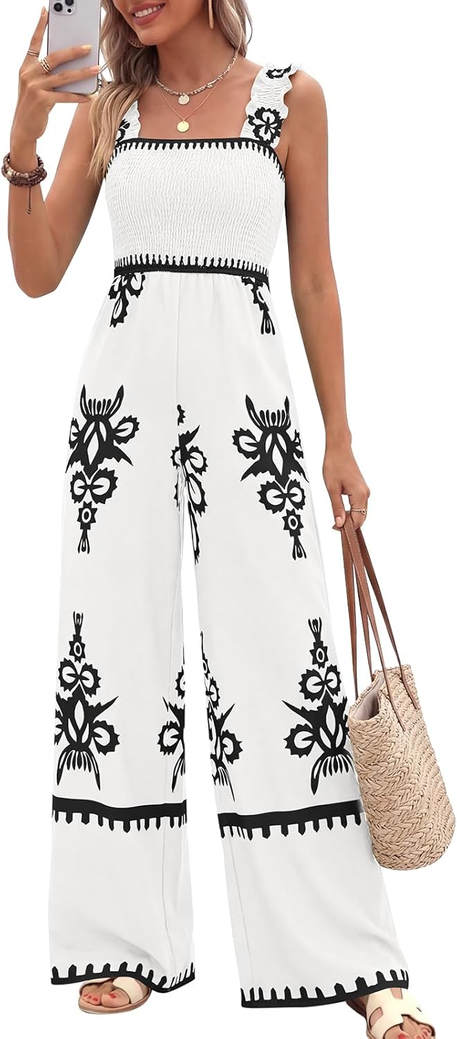 PRETTYGARDEN Womens Jumpsuit Casual One Piece Boho Summer Outfits Shirred Strap Wide Leg Long Pants Rompers With Pockets