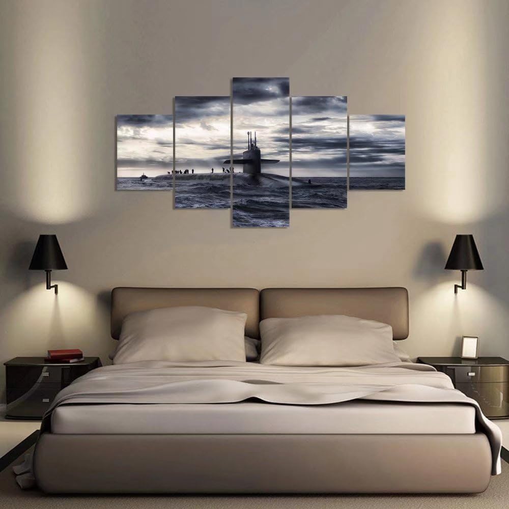 Military Submarine and Soldier Wall Art for Living Room Bedroom House Decor Pictures 5 Panel Canvas Print Paintings Framed Ready to Hang Posters and Prints Black and White(60''Wx32''H) - Image 2