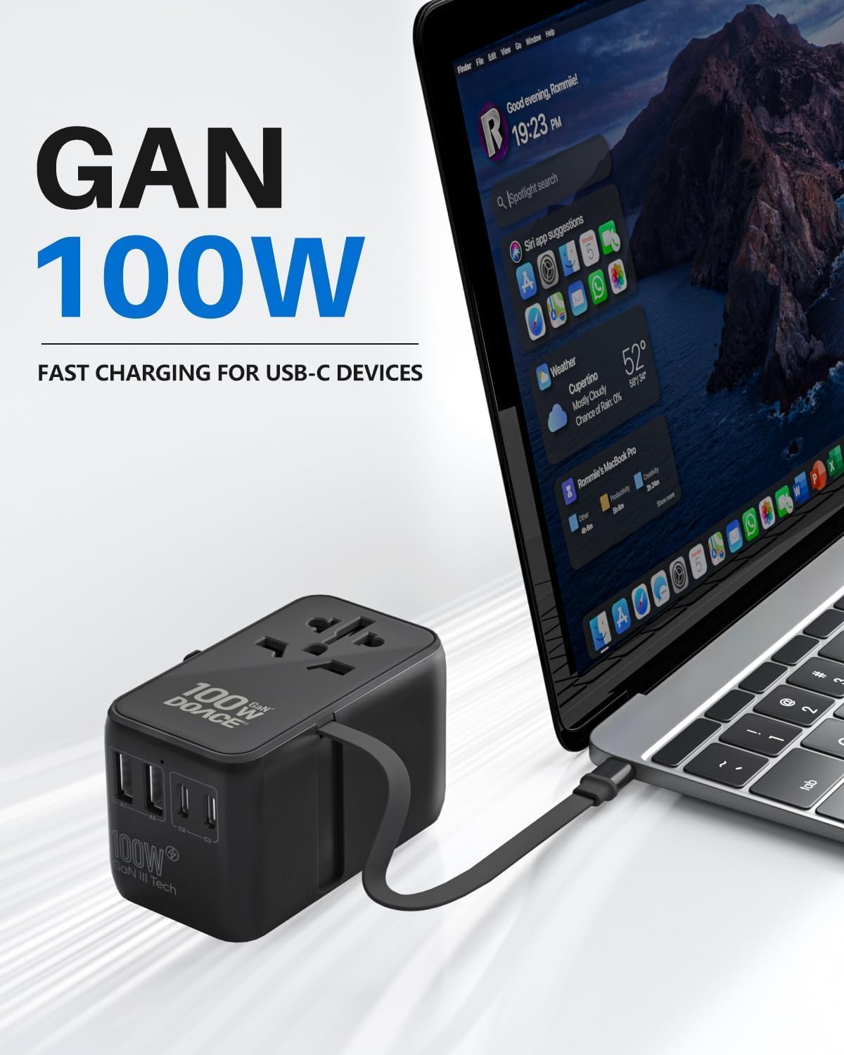 DOACE 100W GaN Universal Travel Adapter, 6-in-1 International Power Adapter, European Travel Plug with Built-in USB-C Cable, Fast Charging, Worldwide for EU UK US AUS, Travel Essentials (Black) - Image 2