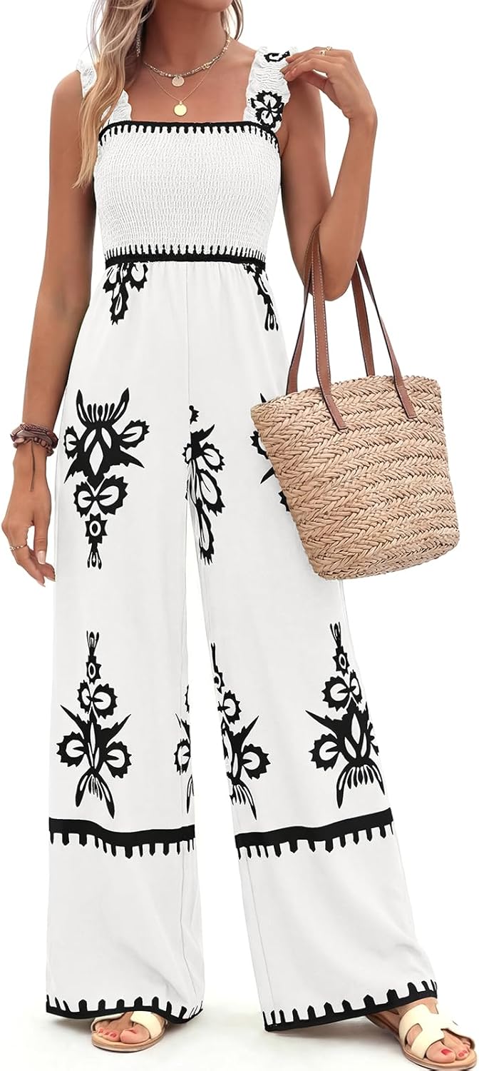PRETTYGARDEN Womens Jumpsuit Casual One Piece Boho Summer Outfits Shirred Strap Wide Leg Long Pants Rompers With Pockets - Image 2