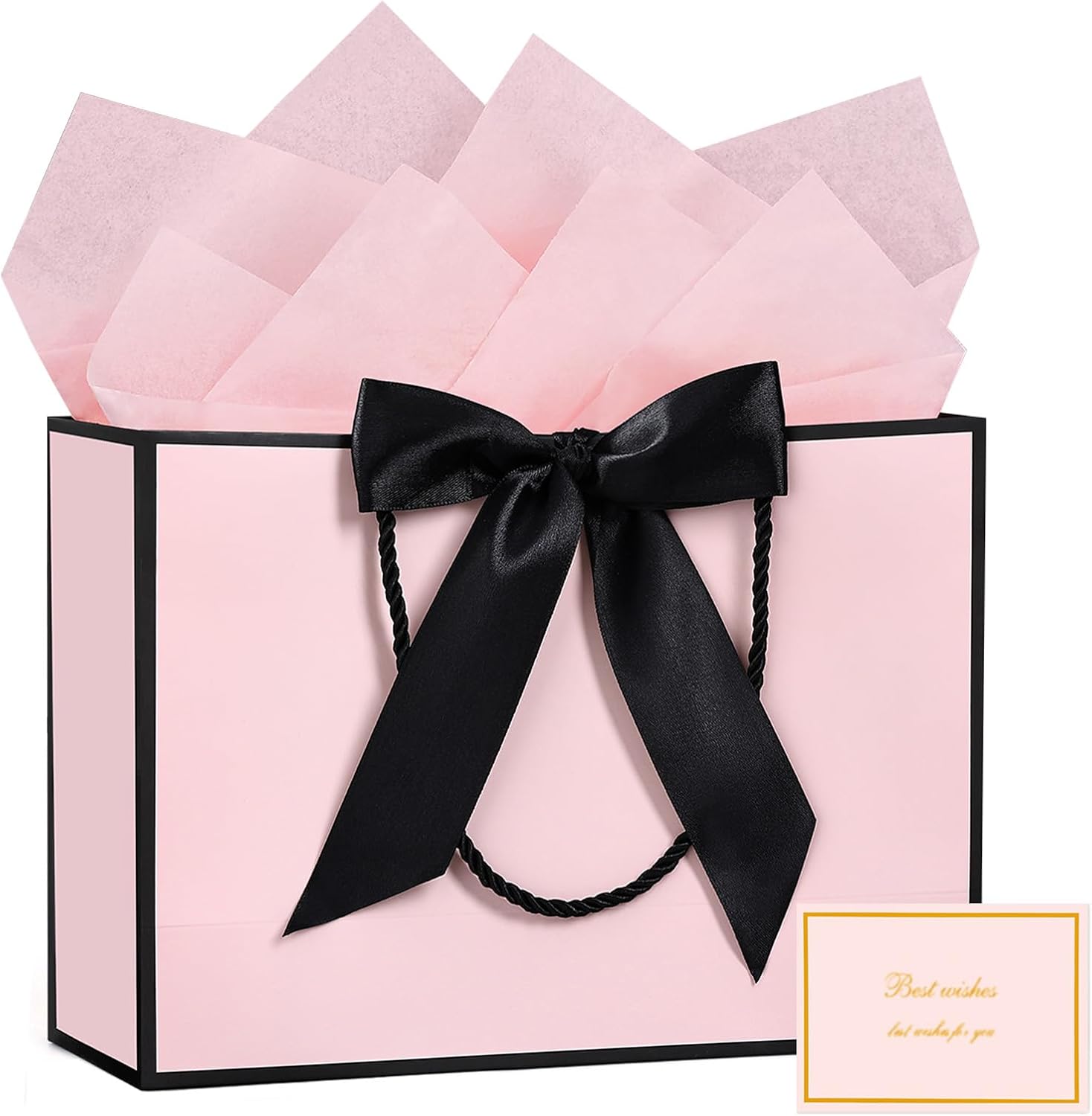 JMANNI Gift Bags with Handles, 1Pcs Paper Gift Bag with 2 Tissue Paper and 1 Greeting Cards, Present Bags for Women Mother's day Birthday Valentines Wedding Party Baby Shower (Black-Pink)