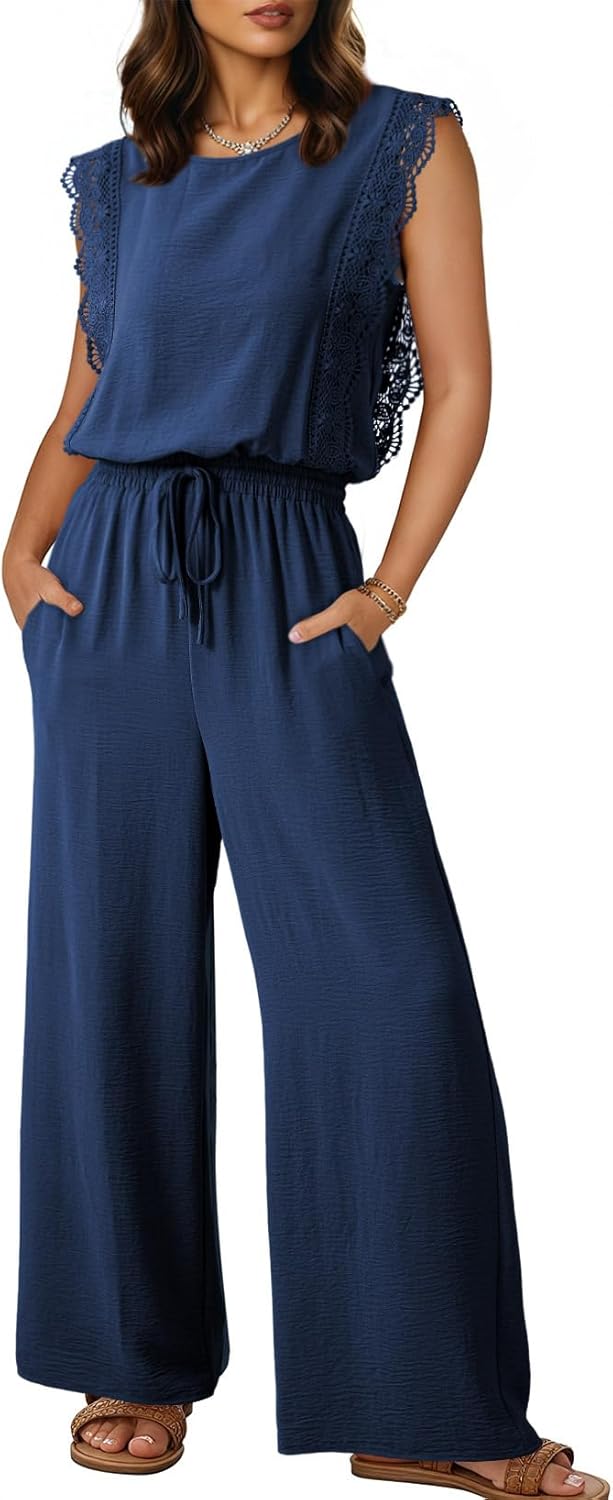 Dokotoo Womens Jumpsuits Crewneck Lace Cap Sleeve Drawstring High Waist Wide Leg Casual Rompers with Pockets
