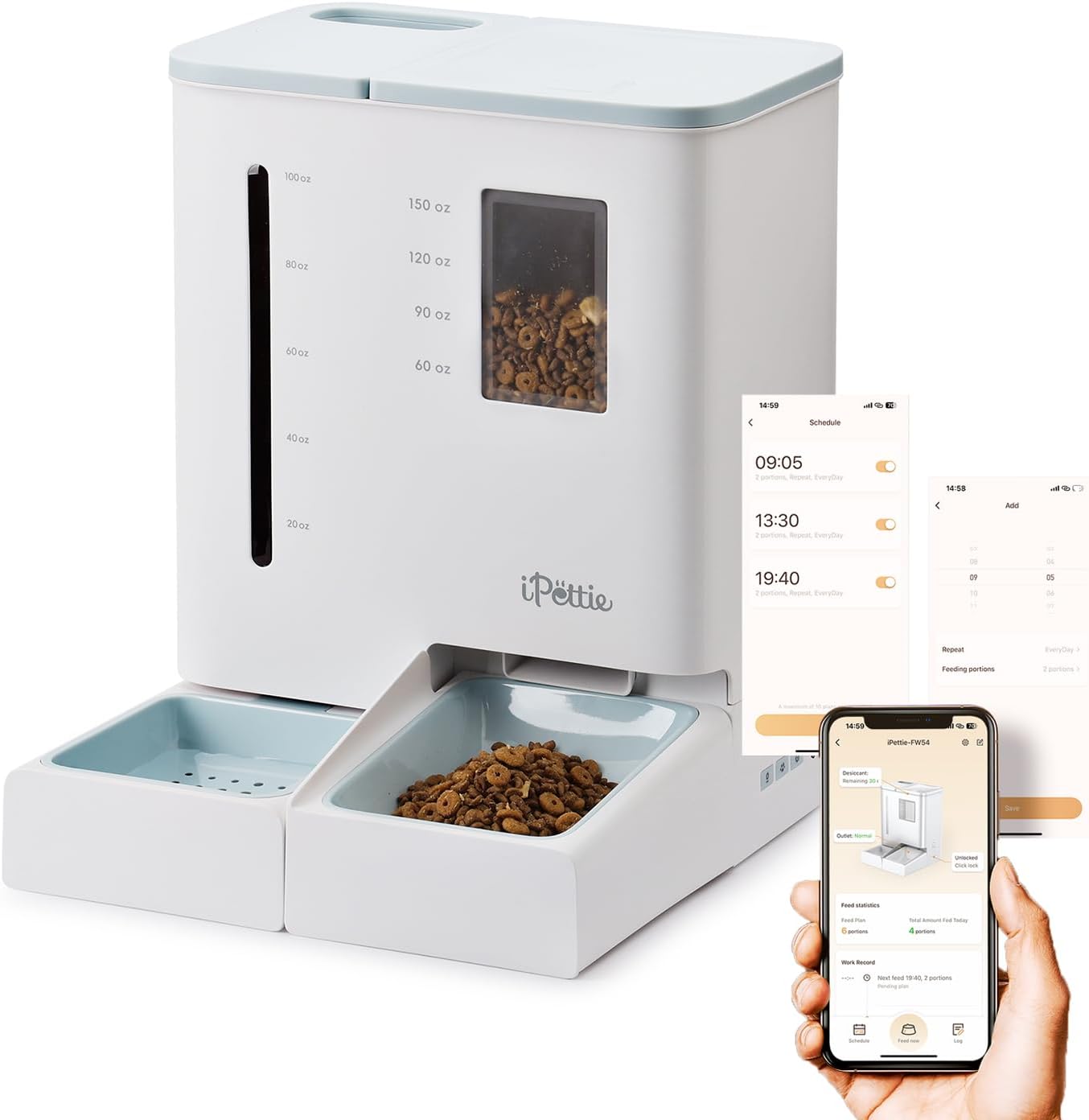 iPettie FW54 5G/2.4GHz WiFi Automatic Feeder and Waterer 2-in-1 Set for Pets, 300 oz Large Capacity for 2 Weeks, Perfect for Working Parents