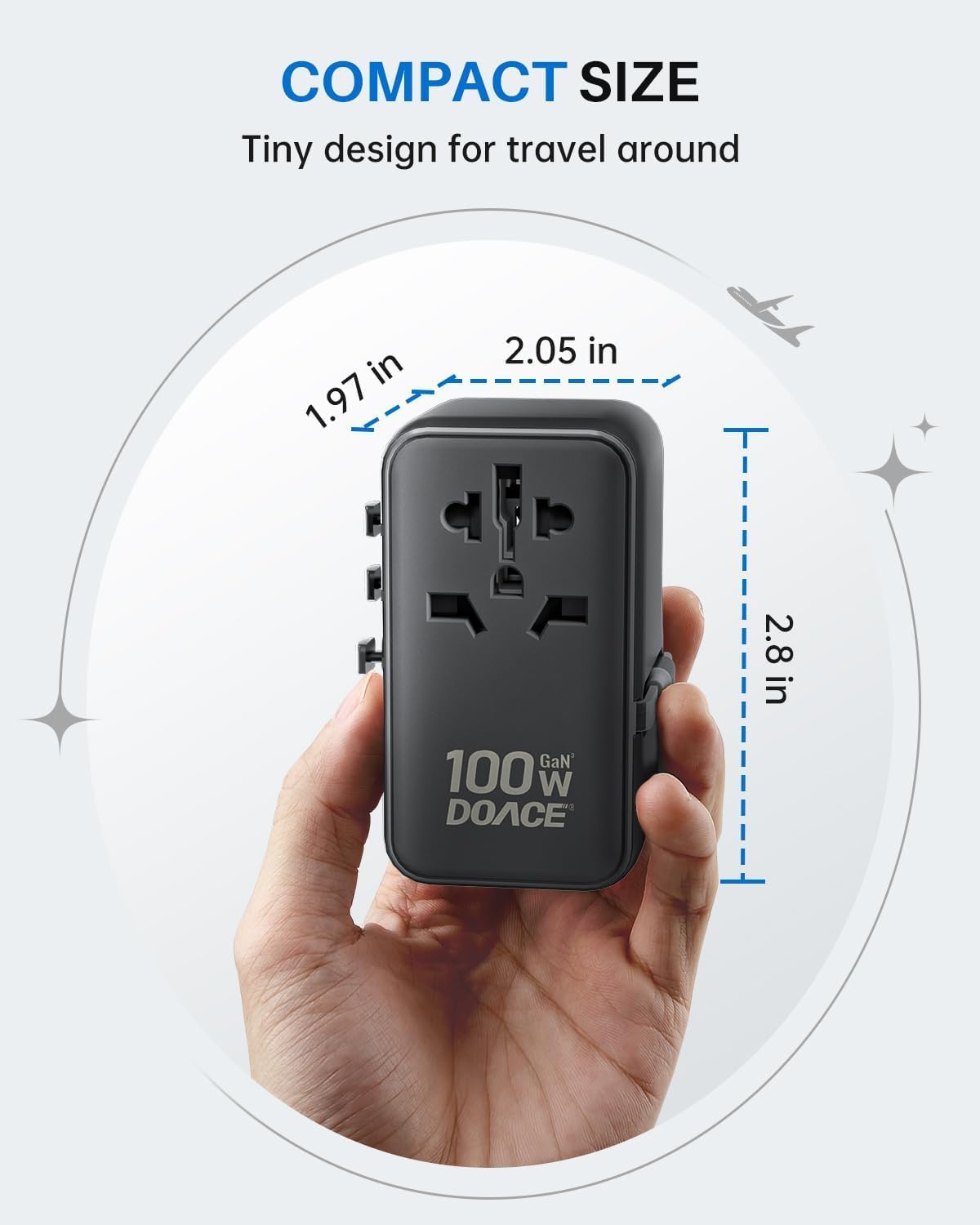 DOACE 100W GaN Universal Travel Adapter, 6-in-1 International Power Adapter, European Travel Plug with Built-in USB-C Cable, Fast Charging, Worldwide for EU UK US AUS, Travel Essentials (Black) - Image 8