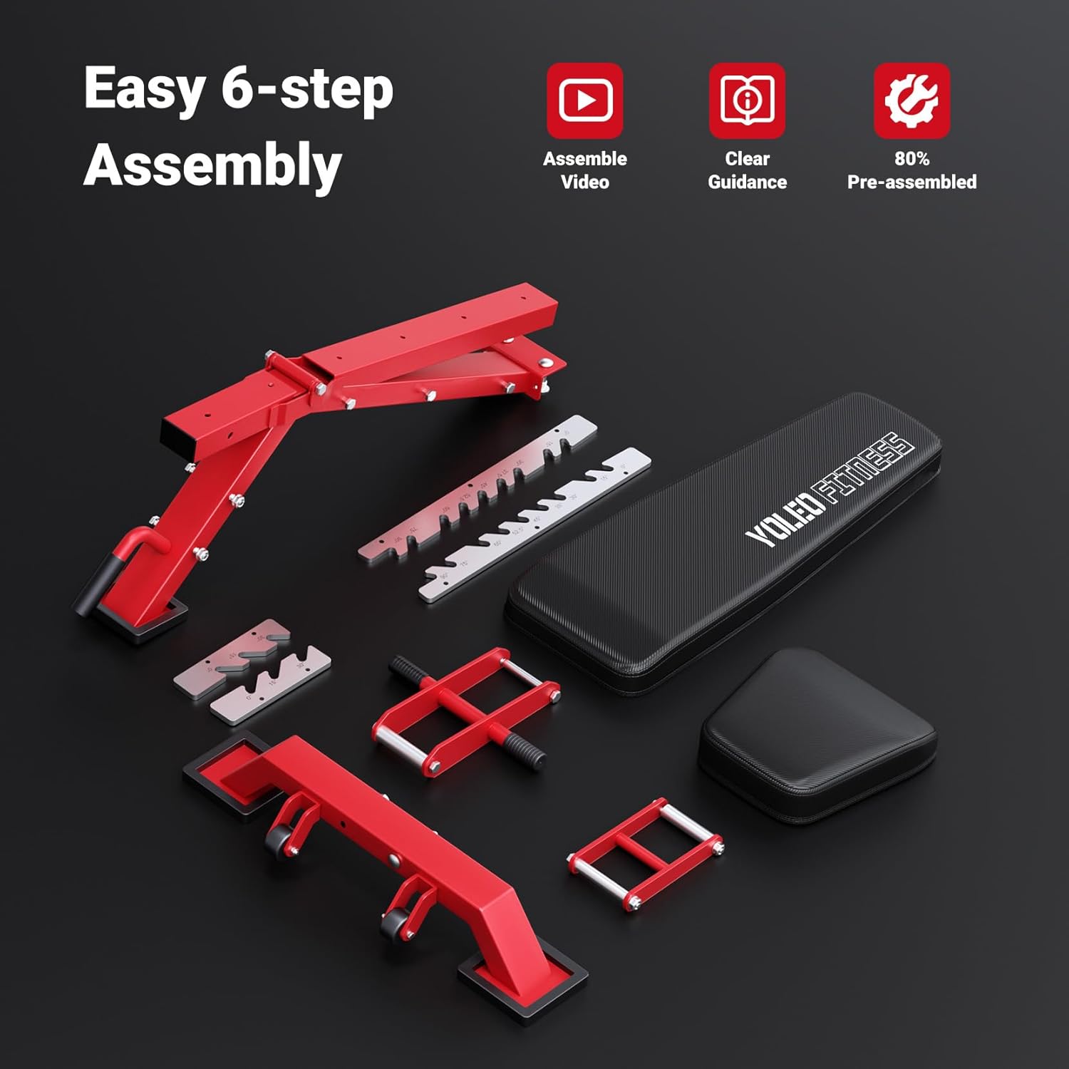 YOLEO Commercial Adjustable Weight Bench - Heavy Duty Workout Bench for Home Gym, Decline/Flat/Incline Bench Press 2.4" Thick Pad(6-Step Assembly) (Red) - Image 7