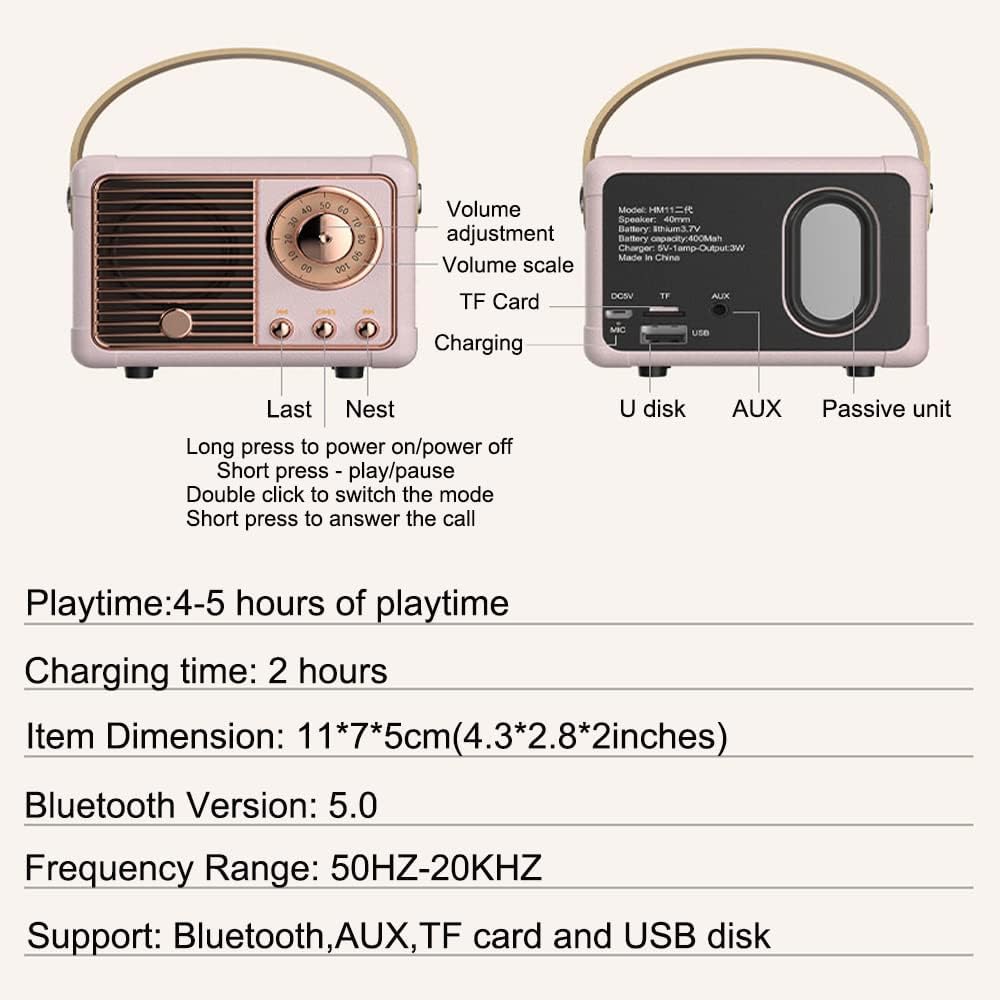 Retro Bluetooth Speaker, Portable Wireless Speaker with Crystal Clear Stereo Sound Rich Bass, Best Birthday Gifts Ideas for Women Teenage (Pink) - Image 7