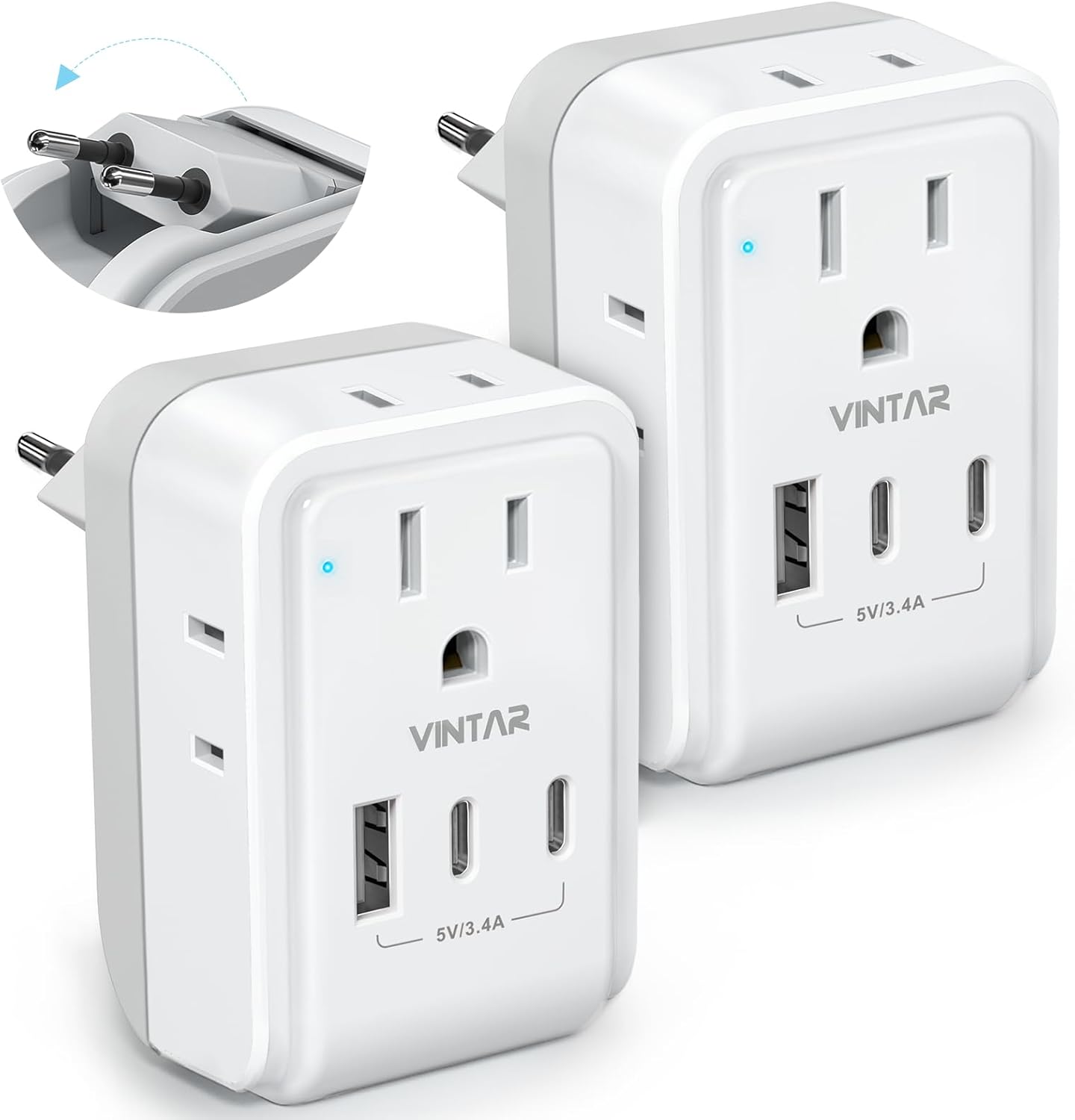 2 Pack European Travel Plug Adapter, VINTAR Foldable International Power Adapter with 4 AC Outlets 3 USB Ports(2 USB C), Type C Adaptor Charger for US to Most of Europe EU Italy Spain France Iceland