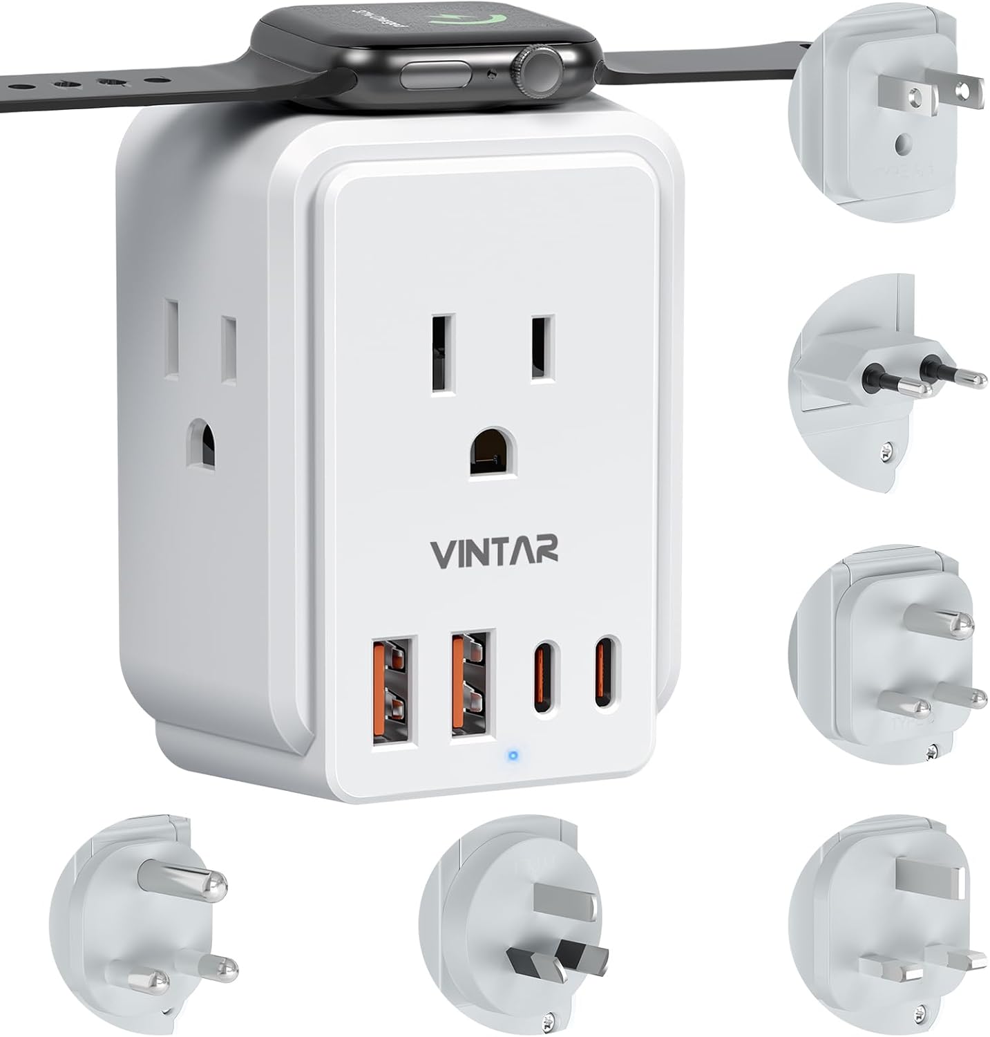 Universal Travel Adapter Kit, VINTAR International Power Adapter for Apple Watch Charger with 3 AC Outlets 4 USB Ports (2 USB C), Type A/C/D/G/I/M Detachable Plugs, US to Europe/UK/India/Africa