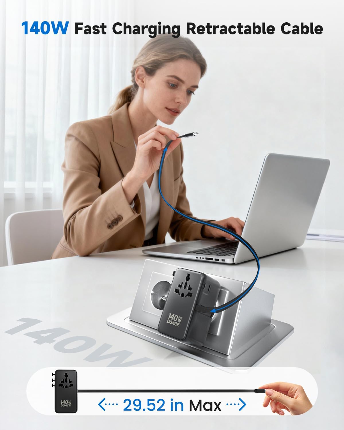 DOACE Universal Travel Adapter, 140W GaN 3.0 European Travel Plug Adapter with Built-in USB-C Cable, 6 in 1 USB-C PD Fast Charging Universal Adapter for Worldwide Travel-EU/UK/USA/AUS - Image 4