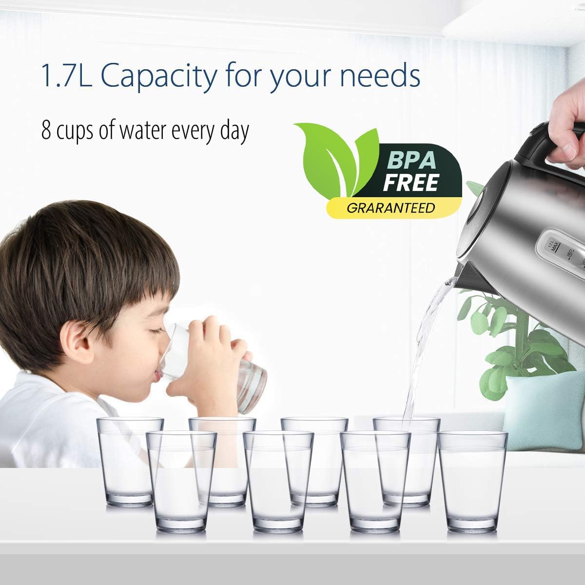 COMFEE' Stainless Steel Electric Kettle, 1.7 Liter Tea Kettle Electric & Hot Water Kettle, 1500W Fast Boil with LED Light, Auto Shut-Off and Boil-Dry Protection - Image 2
