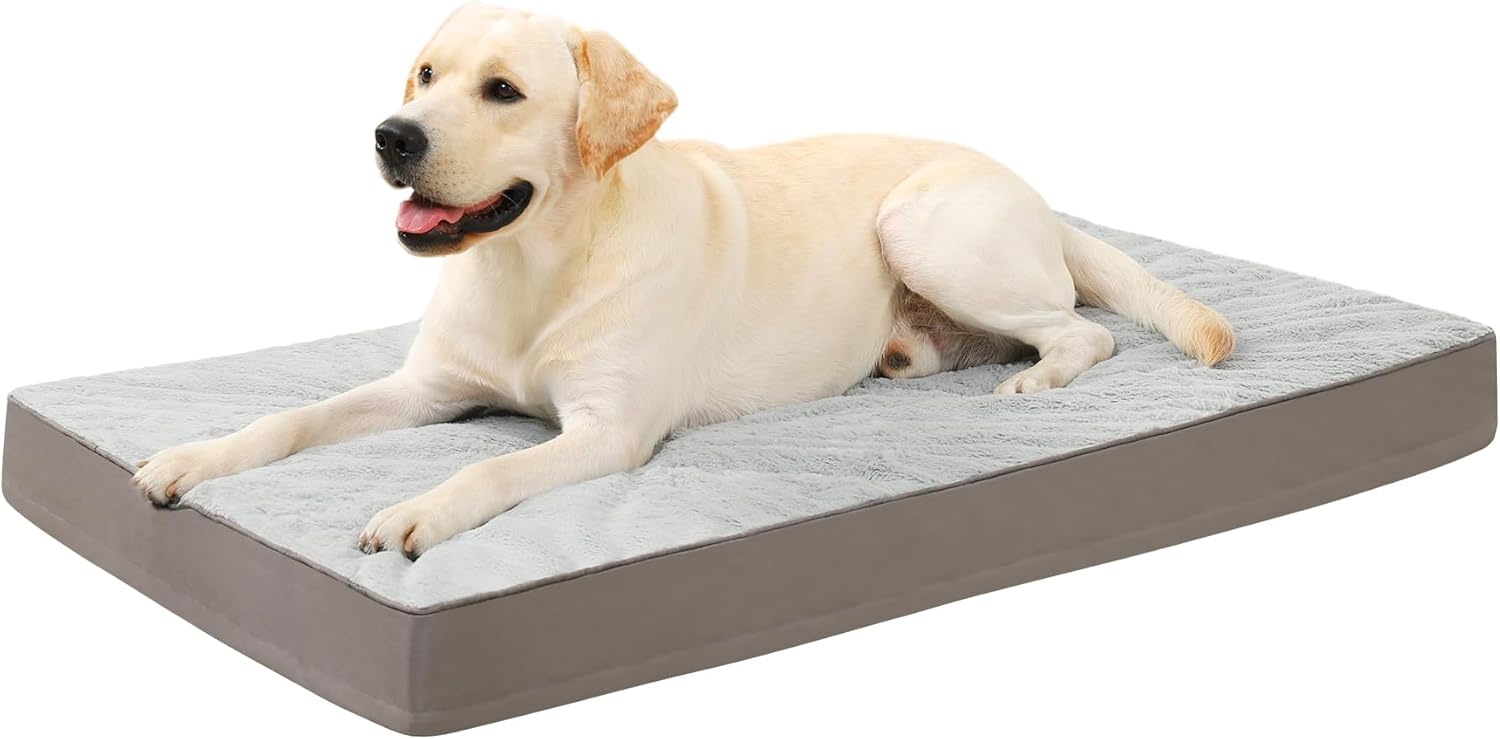 KSIIA Orthopedic Dog Bed Dog Crate Bed Waterproof for Large Dogs Deluxe Plush Washable Pet Mat with Egg Crate Foam & Removable Cover, 35 x 22 Inch, Gray