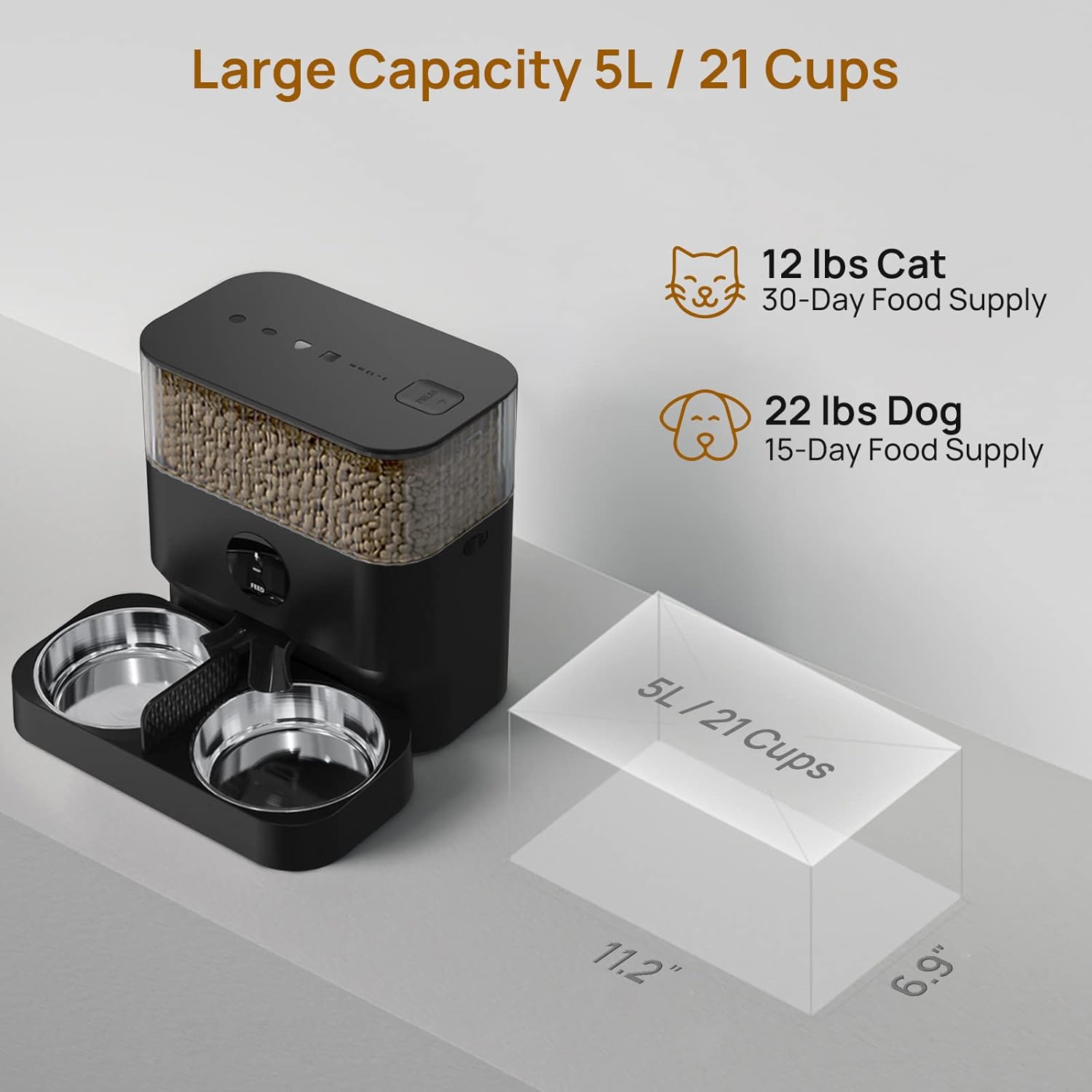iPettie Automatic WiFi Pet Feeder for 2 Pets, 5L Capacity, 1-10 Meals Per Day, Adjustable Bowl Height, Smart Dog Cat Feeder with 2 Stainless Steel Bowls, 2.4G WiFi App Control for Cats and Small Dogs - Image 4