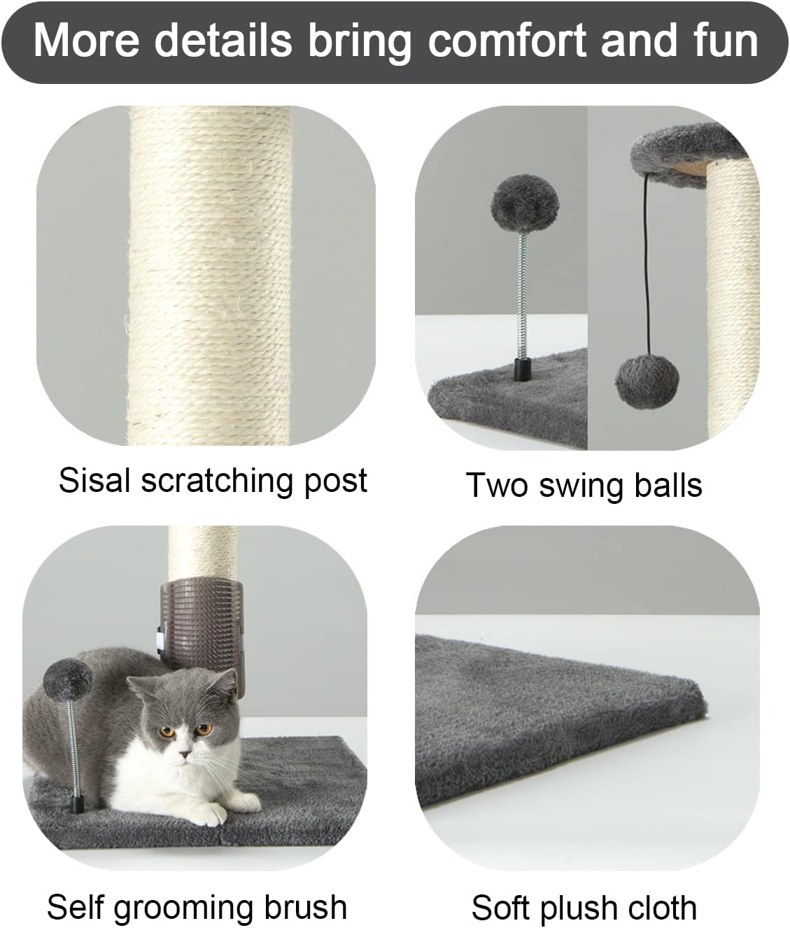 PEEKAB 32" Tall Cat Scratching Post Sisal Scratch Posts,with Hanging Ball and Self-Massage Brush Vertical Scratcher for Indoor Cats and Kittens Gray 32inches - Image 2