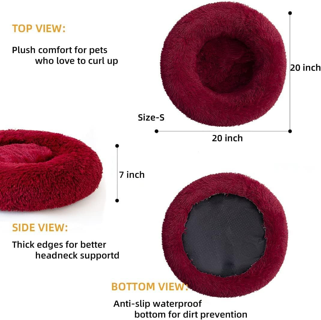 Cat Beds for Indoor Cats - Cat Bed Washable 20/24 inches, Dog Beds for Small Medium Dogs, Anti Anxiety Round Fluffy Plush Faux Fur Cat Bed, Thick Bottom (Red, Medium) - Image 3