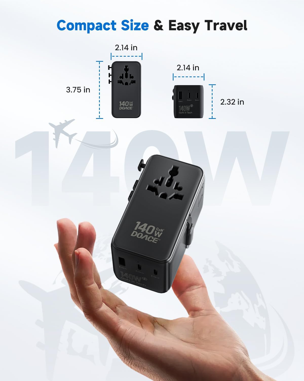DOACE Universal Travel Adapter, 140W GaN 3.0 European Travel Plug Adapter with Built-in USB-C Cable, 6 in 1 USB-C PD Fast Charging Universal Adapter for Worldwide Travel-EU/UK/USA/AUS - Image 7