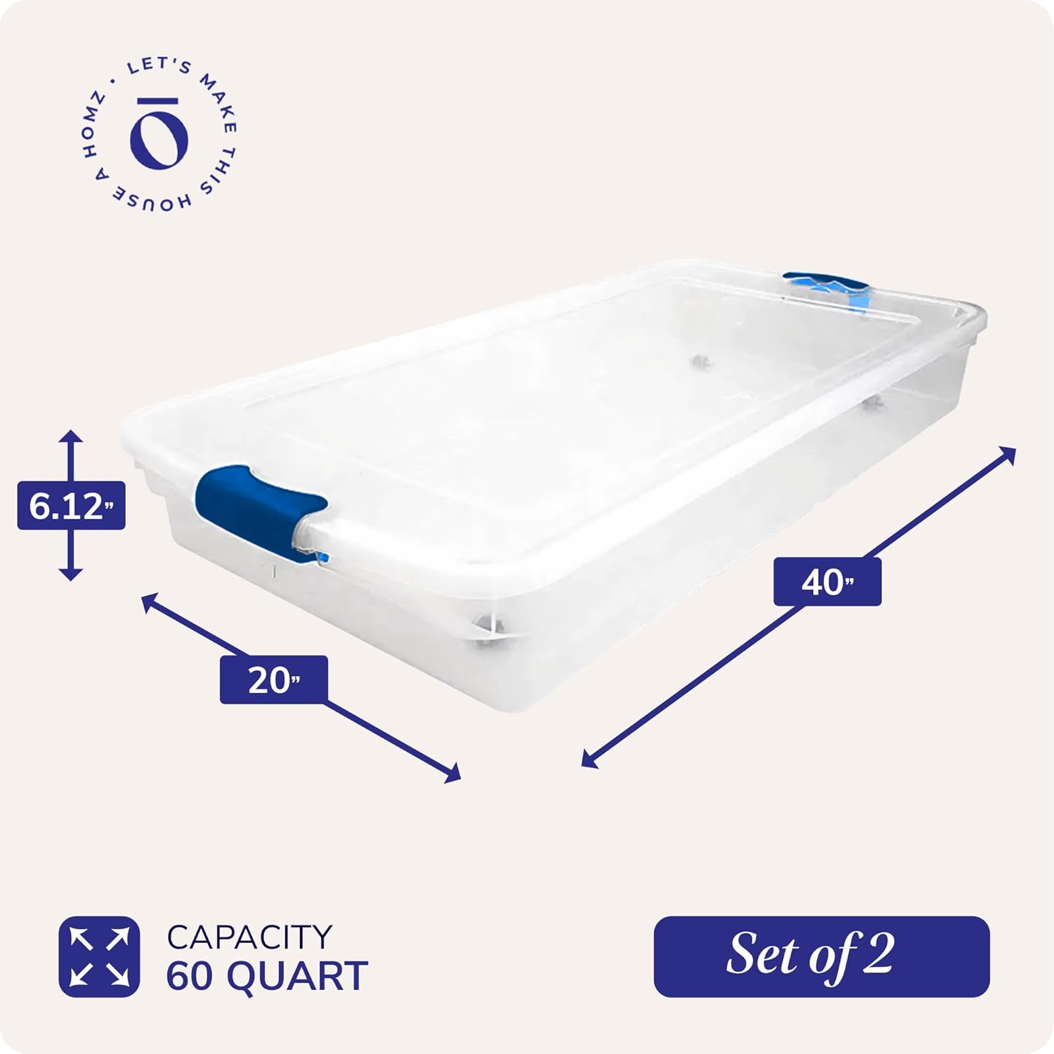 HOMZ 2-Pack Under Bed Storage, Clear Plastic Containers with Lids, 60 Quart, Blue Latch - Stackable Underbed Organizer Bins for Shoes, Bags, Clothes, and Towels - Image 4