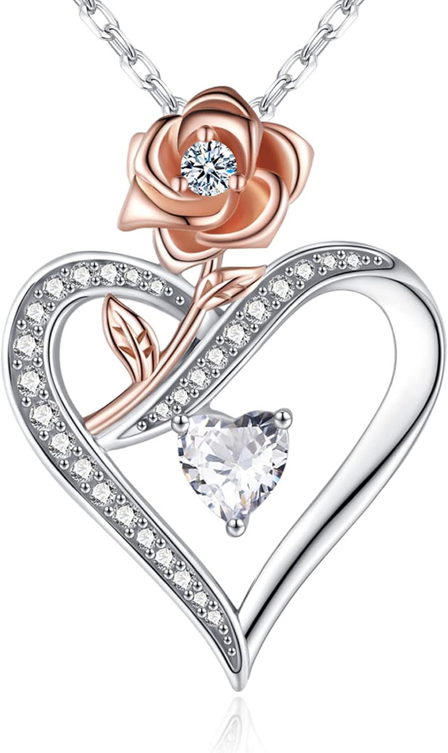Heart Necklace for Women, Sterling Silver Cubic Zirconia Necklace with Rose, Love Jewelry Gift for Wife, Girlfriend, Mom on Christmas, Valentine's Day, Birthday, Anniversary