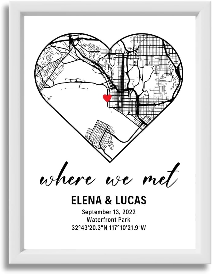 Custom Map Heart Design Framed Canvas - Where We Met Personalized Couple Gift Cotton Sheet with Frame Couple Map Framed Wooden Love Frame, Valentines Day (Heart Custom - B&W)