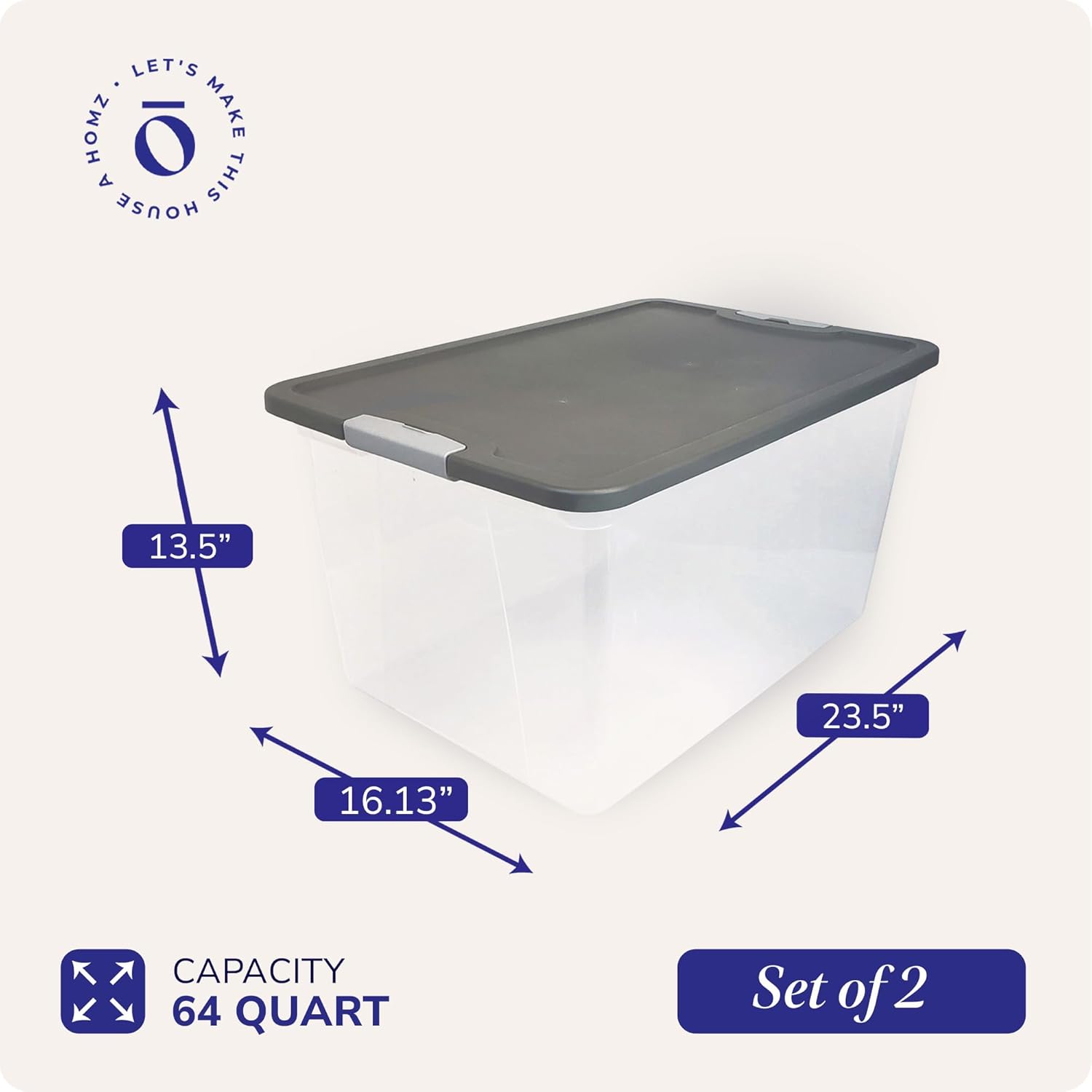 HOMZ 2-Pack Secure Latch, Clear Plastic Storage Organizer Bins, 64 Quart, Gray Lid - Heavy-Duty Container Boxes with Lids for Home, Office, and Garage - Image 4