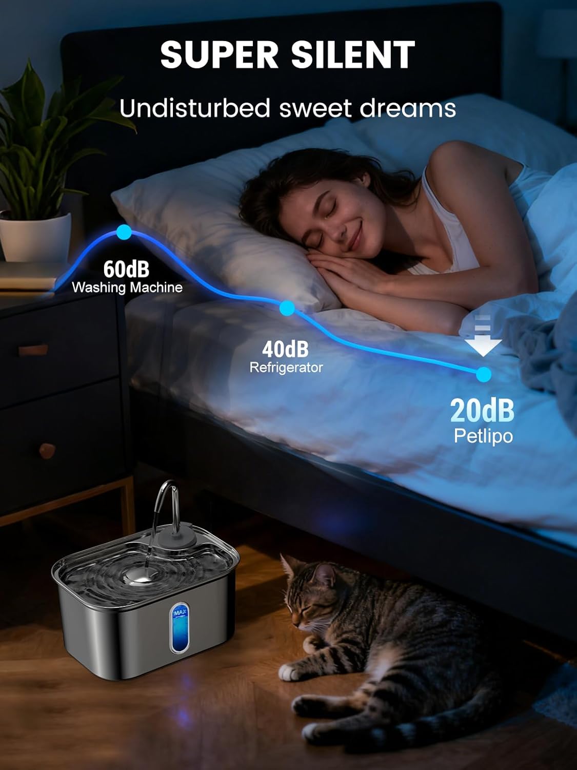 Cat Water Fountain Stainless Steel for Cats Indoor by BPA-Free SUS304, Effective 6-Layer Filter Cat Fountains for Drinking 2.5L 85oz 20dB Ultra Quiet Soft Flow Metal Pet Water Fountain - Image 5
