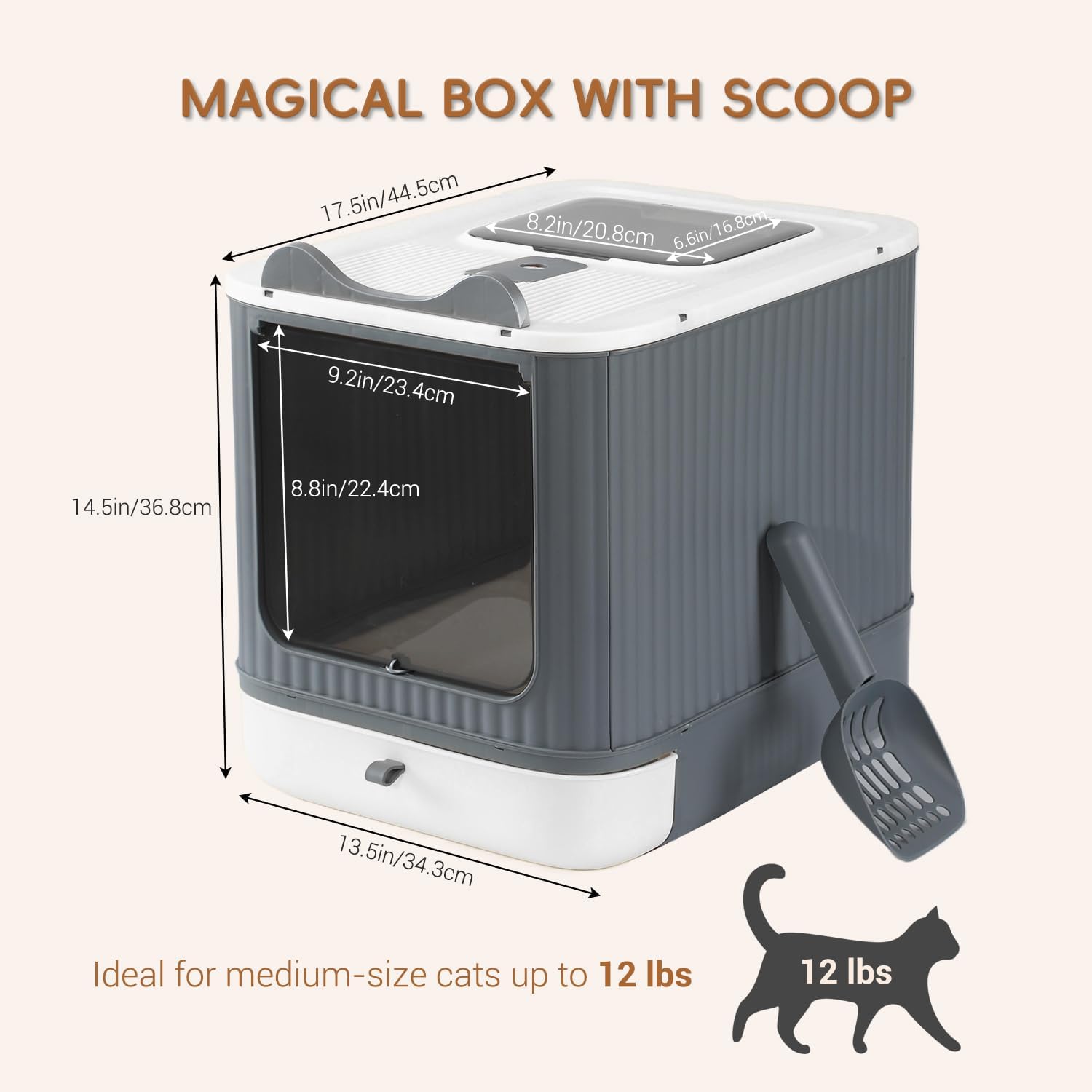 Foldable Cat Litter Box, Fully Enclosed Litter Box with Lid, Covered Kitty Kitten Litter Boxes Enclosure with Scoop, Odor Control, Easy to Clean, 3 Modes for Cat up to 12 lbs(White&Grey) - Image 2