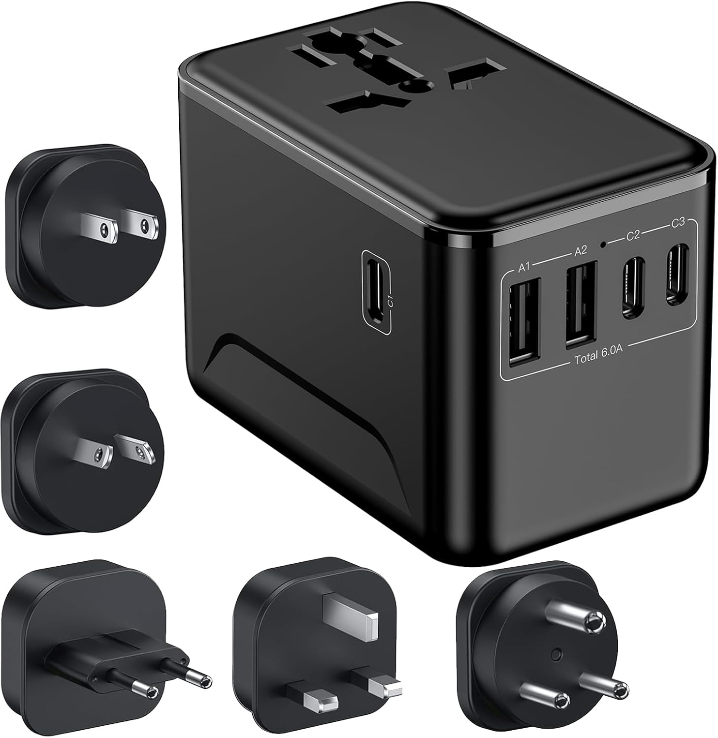 JMFONE Universal Travel Adapter with Type D Plug(India & Most Africa), International Power Adapter, 30W 3X USB-C & 2X USB-A Ports & 2500W AC Outlet, Travel Charger for Europe US UK AUS 200+ Countries