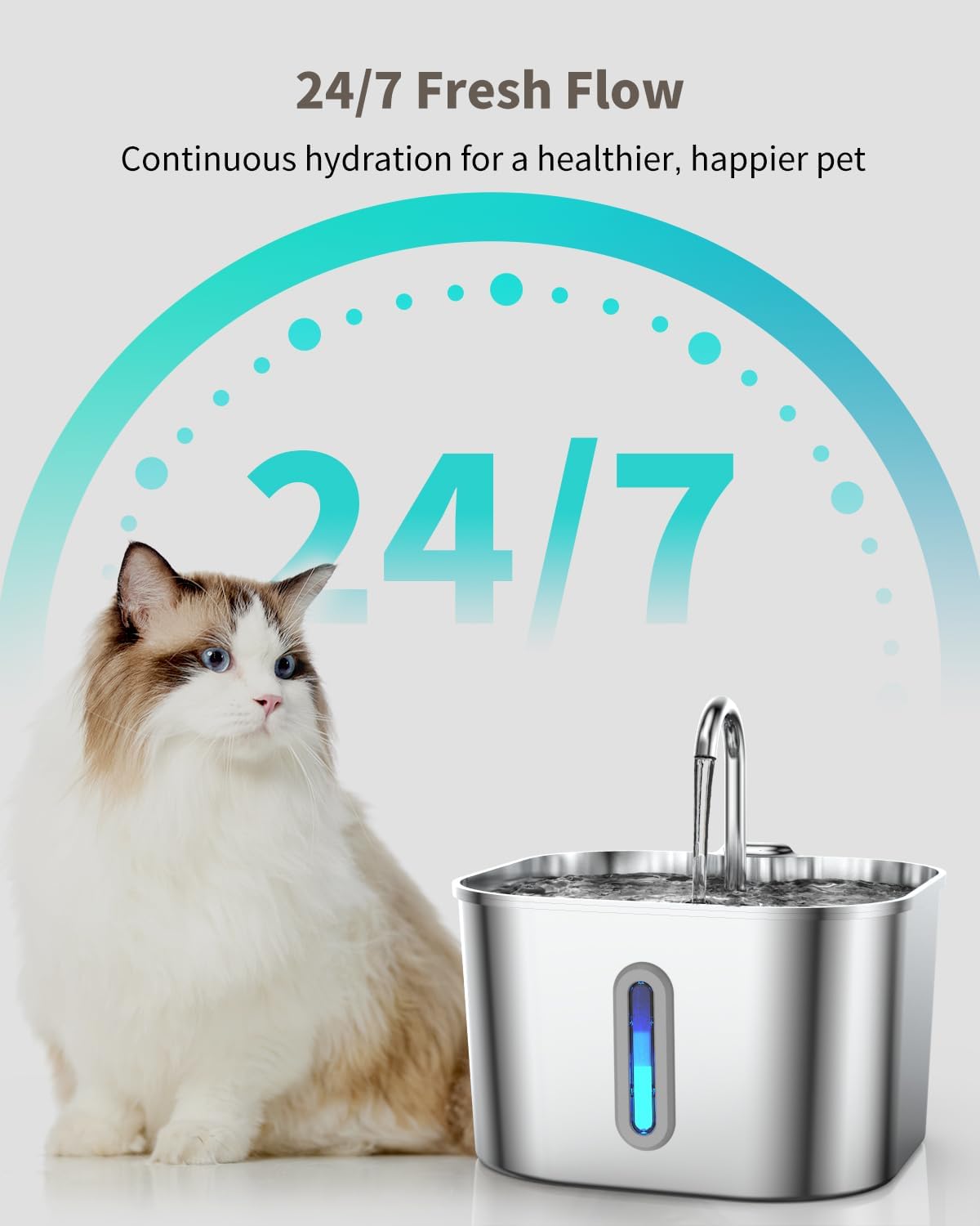 Cat Water Fountain Stainless Steel, 74oz/2.2L Cat Fountain with Quiet Pump, Automatic Pet Water Dispenser, Ideal for Multi-pet Homes, Fresh & Clean Water for Cats and Dogs - Image 4
