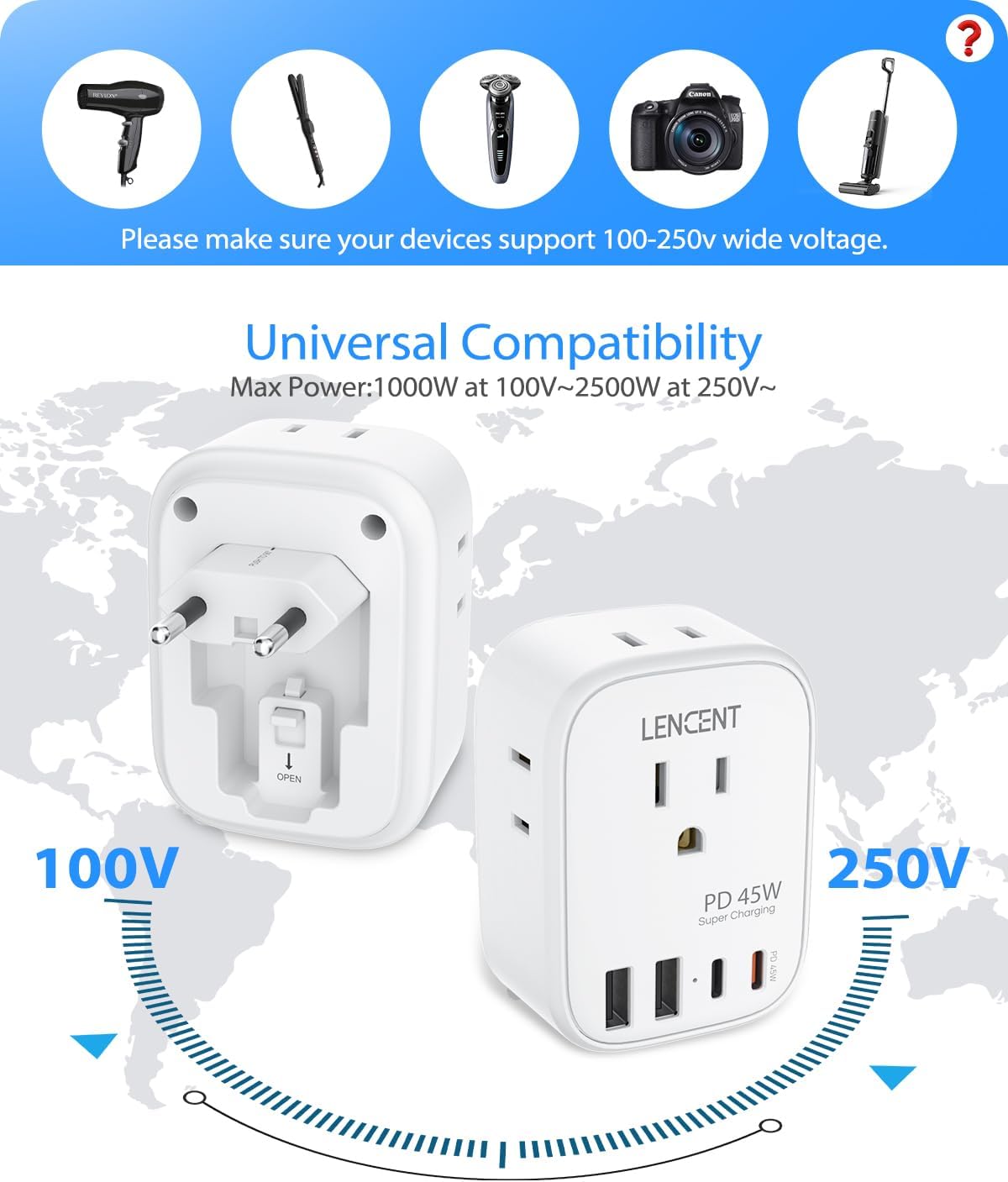 LENCENT European Travel Plug Adapter, PD 45W Type C Foldable Power Plug with 4 Outlets 4 USB Ports, USB Fast Charger Adaptor, Power Adaptor for US to Most of Europe EU Spain Italy France Germany - Image 7