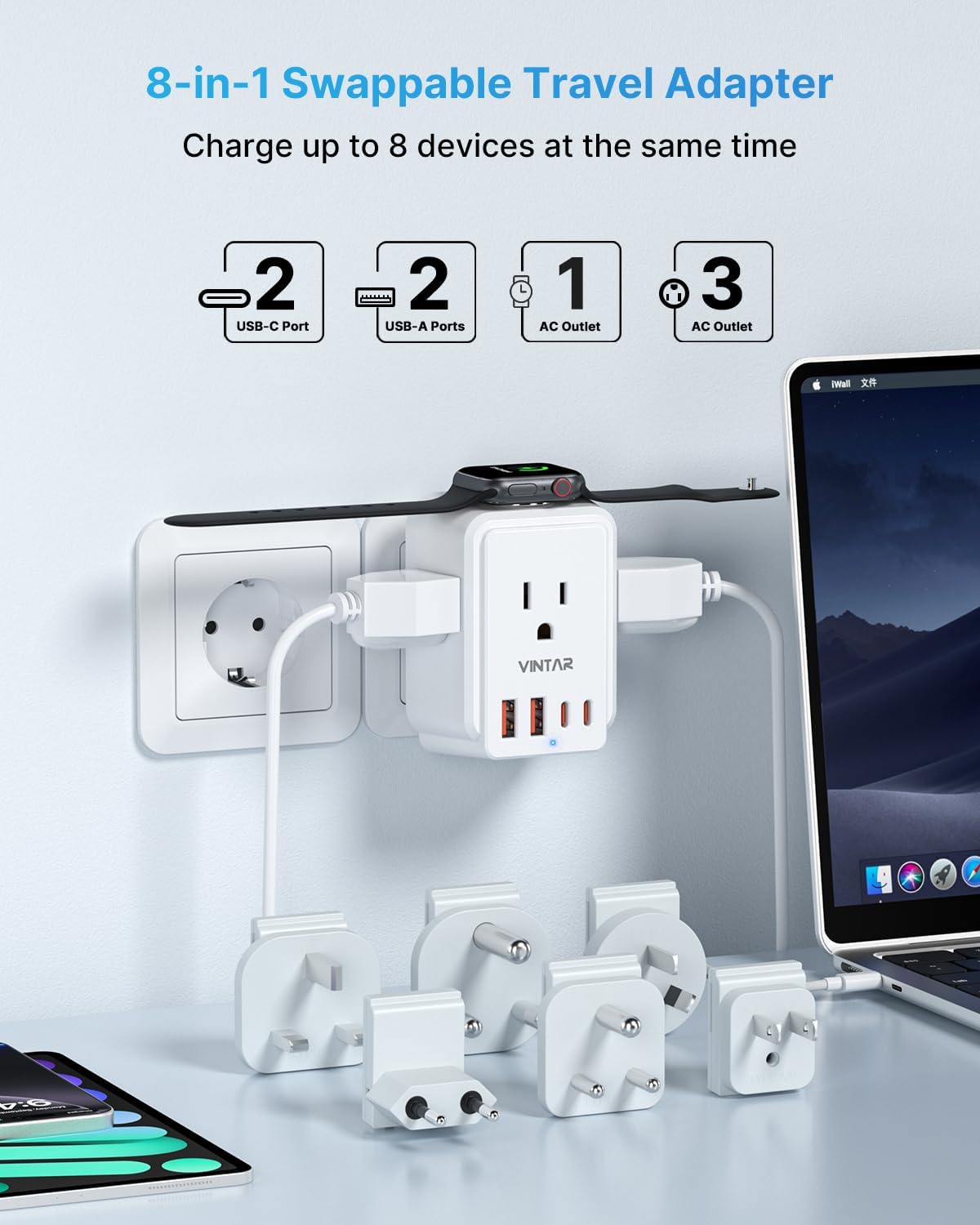 Universal Travel Adapter Kit, VINTAR International Power Adapter for Apple Watch Charger with 3 AC Outlets 4 USB Ports (2 USB C), Type A/C/D/G/I/M Detachable Plugs, US to Europe/UK/India/Africa - Image 2