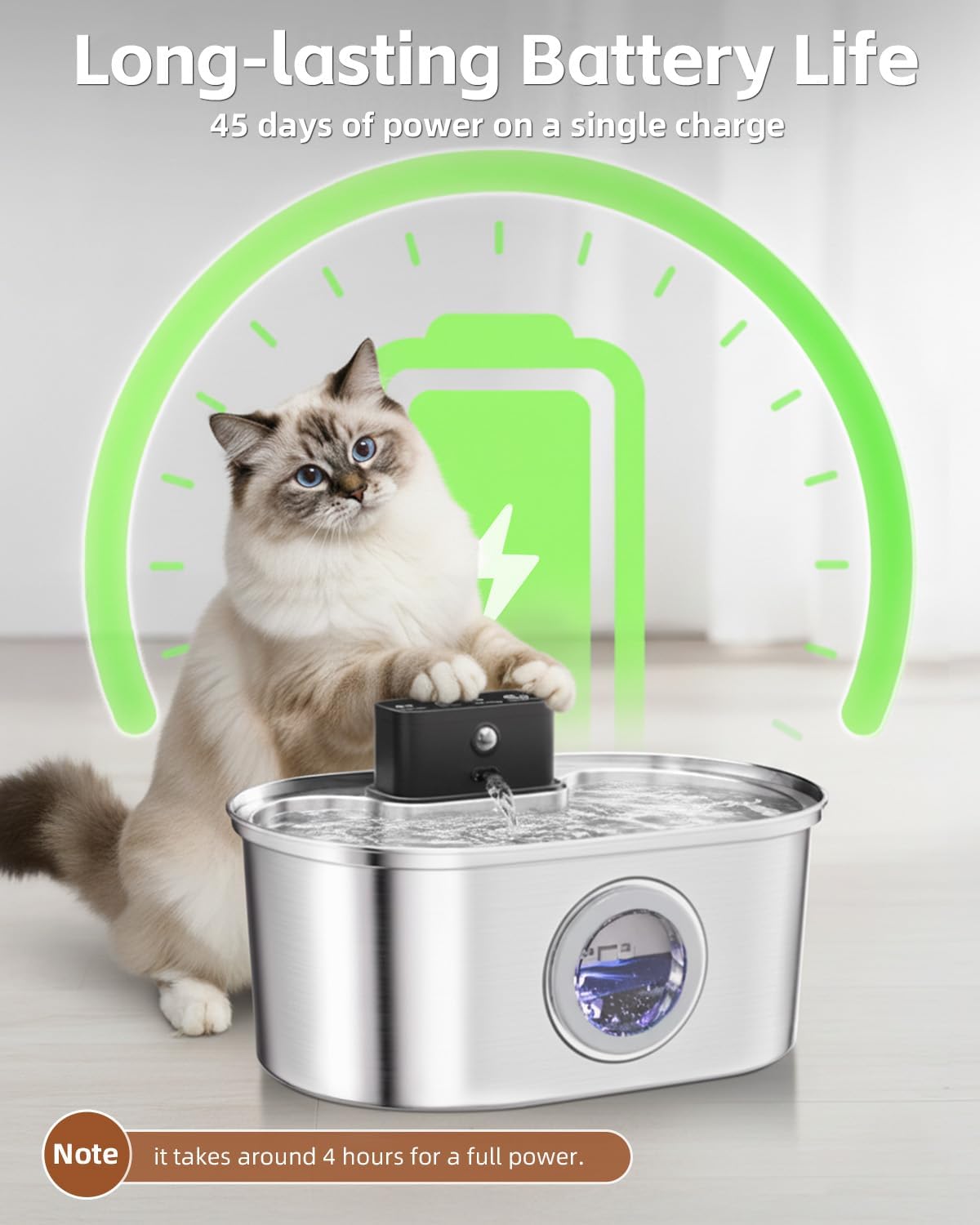 Cat Water Fountain Wireless - Stainless Steel 3.2L/108oz Cordless Pet Fountain - Battery Operated Automatic Water Dispenser for Cats Indoor, with Motion Sensor & Quiet Pump - Image 8