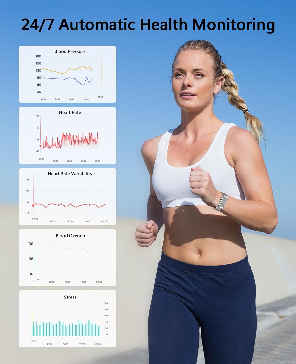 Smart Bracelet for Men Women, Health Activity Fitness Trackers, 24H Sleep Tracker, 24/7 Continuous Heart Rate/Blood Pressure/HRV/Stress Monitor, 170+ Sports Modes Smart Wristband with 2 Bands Free APP - Image 4