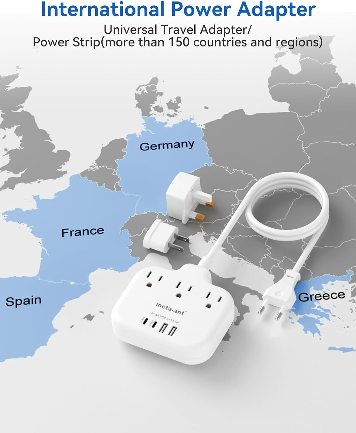 European Travel Plug Adapter, US to European Plug Adapter with 3 American Outlets & 4 USB, 3ft European Power Cord, International Travel Power Strip, Type C for Europe EU Germany France, Travel, White - Image 2