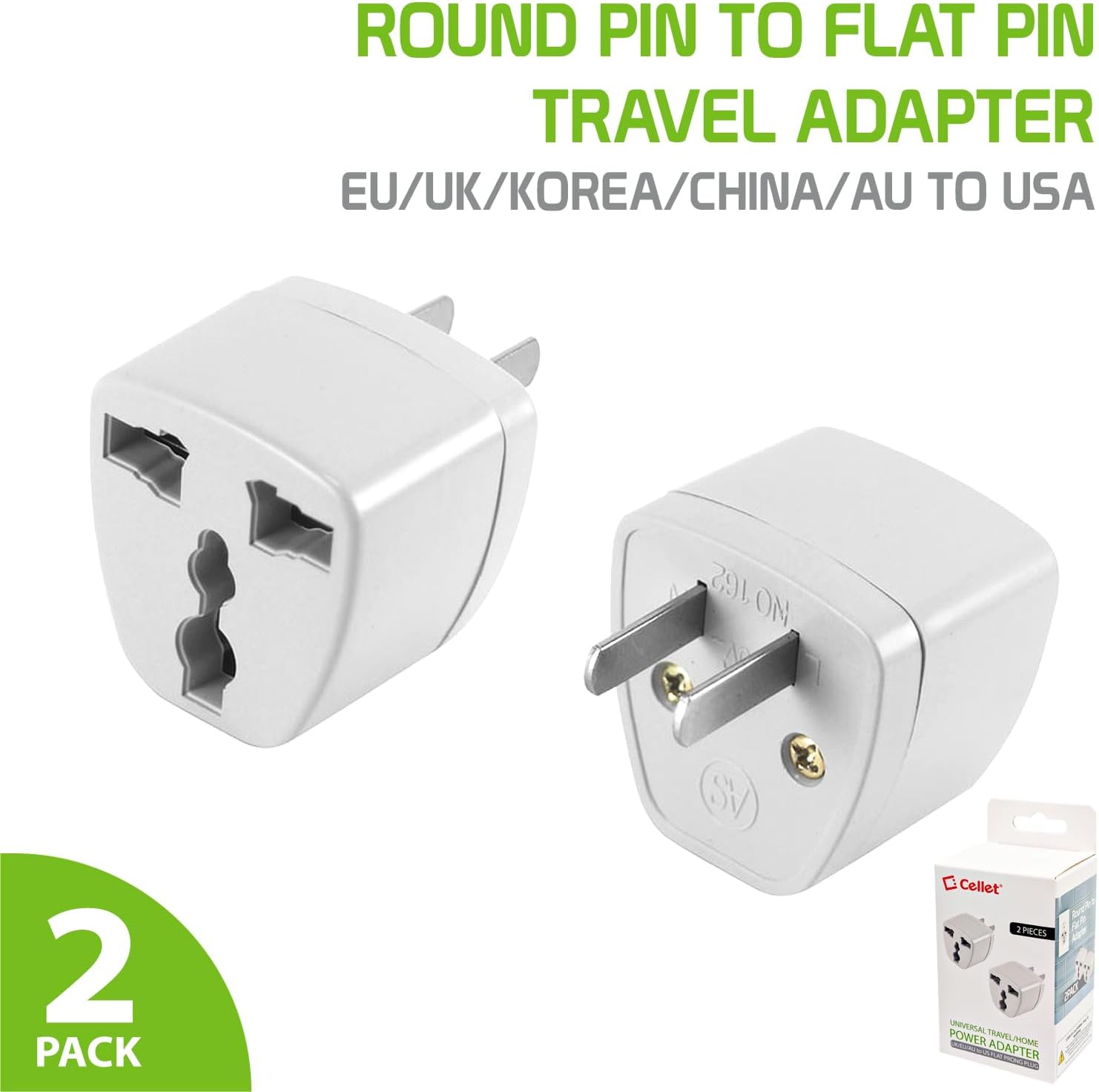 Cellet Universal Travel Adapter: Seamless Plug Conversion for International Travelers AC Wall Power Adapter to Convert China, UK, AU, EU & Other Plugs to US, Mexico, Canada Plug (2PACK) (Type-A) - Image 2