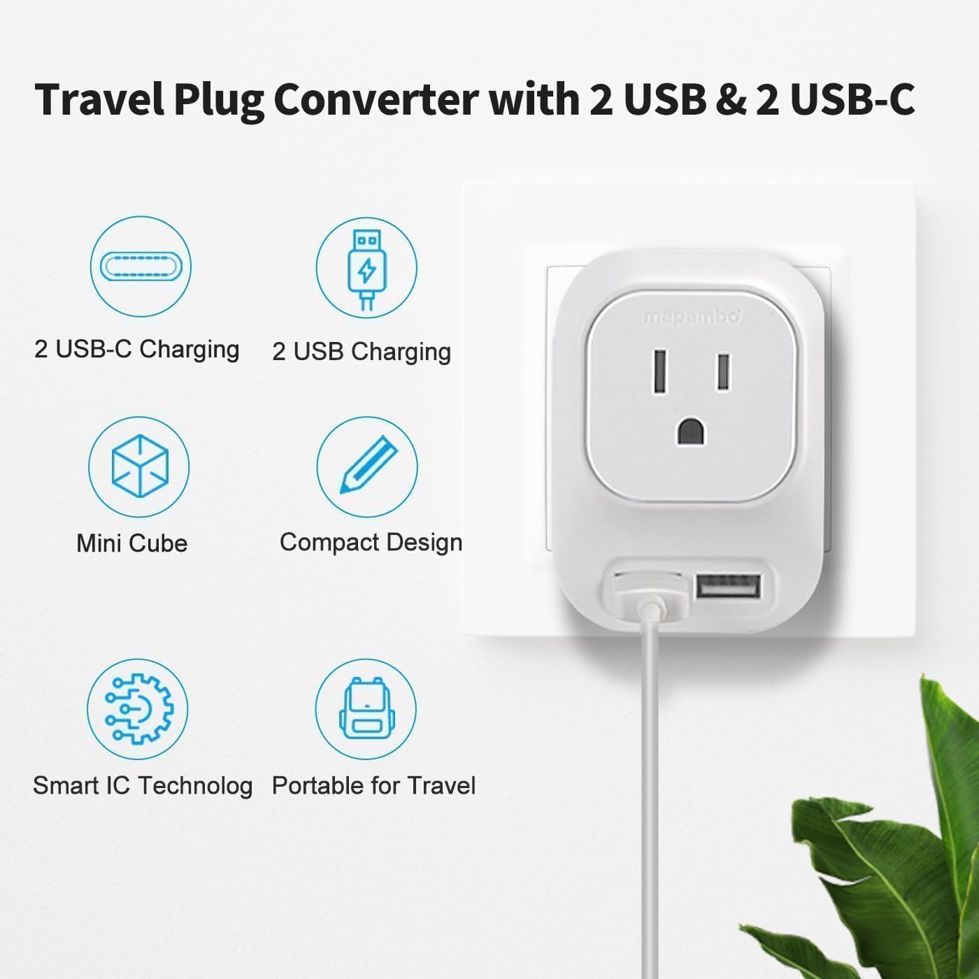 Mapambo Voltage Converter US to Europe Travel: International Universal Travel Adapter with Fast Charging 2 USB-A 2 USB-C Port Worldwide Power Converters Plug Combo for Spain Italy - Image 4