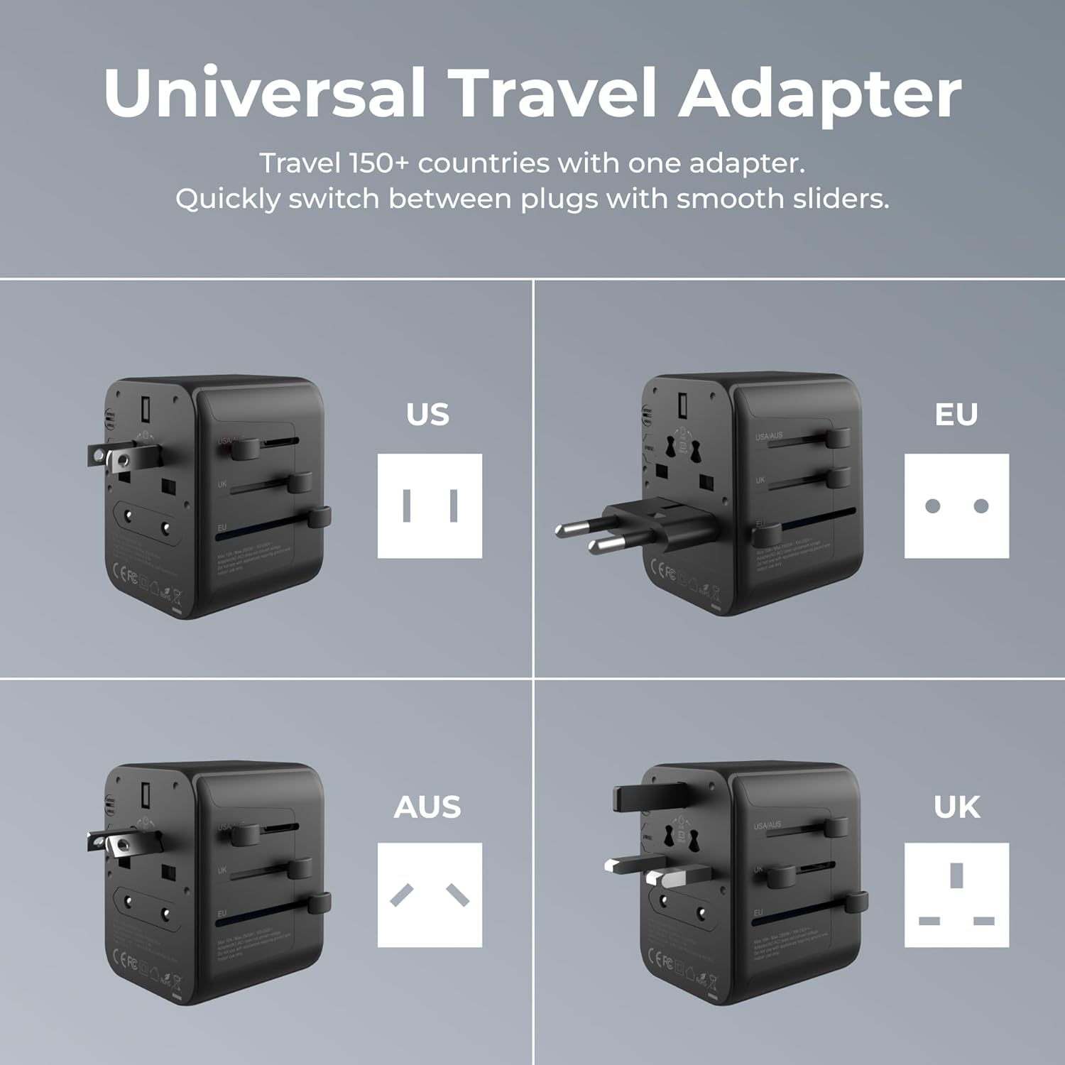 iTOUCH Universal Travel Adapter – Worldwide All-in-One Charger with USB-C & 3 USB-A Ports, Covers 150+ Countries (US/EU/UK/AU), Surge Protection, Safety Shutters, Compact Travel Charger - Image 2