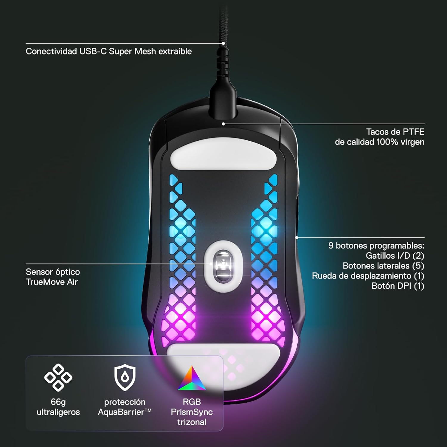 SteelSeries Aerox 5 - Holey RGB Gaming Mouse - Ultra-lightweight Water Resistant Design - 18K DPI TrueMove Air Optical Sensor - Image 4