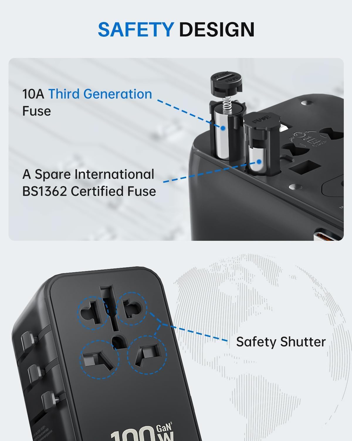 DOACE 100W GaN Universal Travel Adapter, 6-in-1 International Power Adapter, European Travel Plug with Built-in USB-C Cable, Fast Charging, Worldwide for EU UK US AUS, Travel Essentials (Black) - Image 6