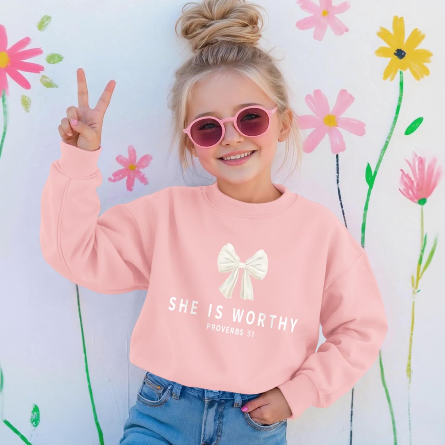 KEEVICI Girls Christian Bow Graphic Sweatshirt Cute Jesus Sweatshirts For Kids Religious Bible Verse Faith Long Sleeve Shirts - Image 4